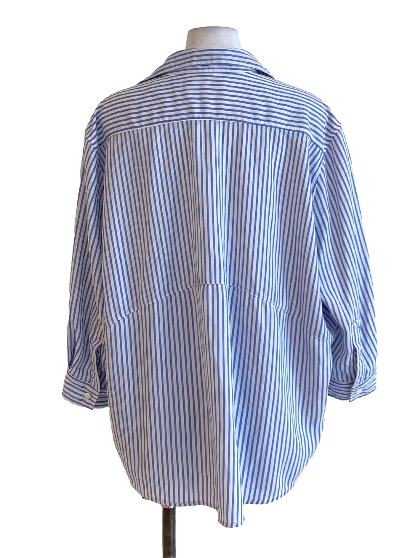 Ash Blue Stripes Buttonless Long Sleeve Shirt Blouse TTR