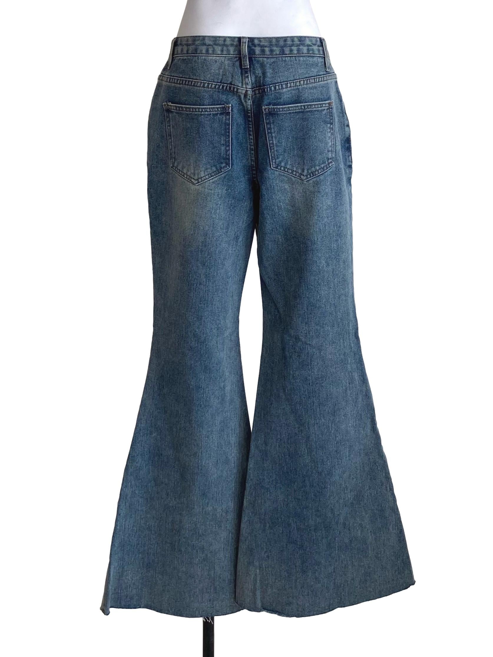 Dark Soft Denim Blue Lower Ripped Flare Jeans YHF