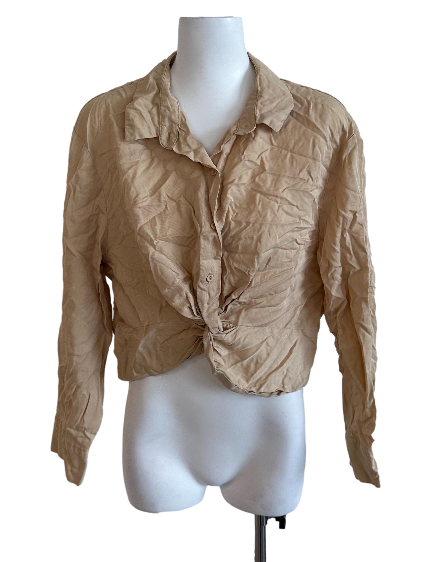 Khaki Brown Plain Collar Top
