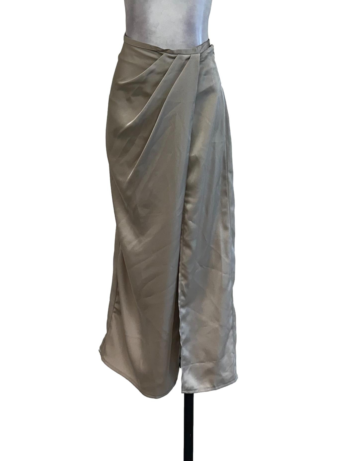 Beige Satin Draped Slit Skirt