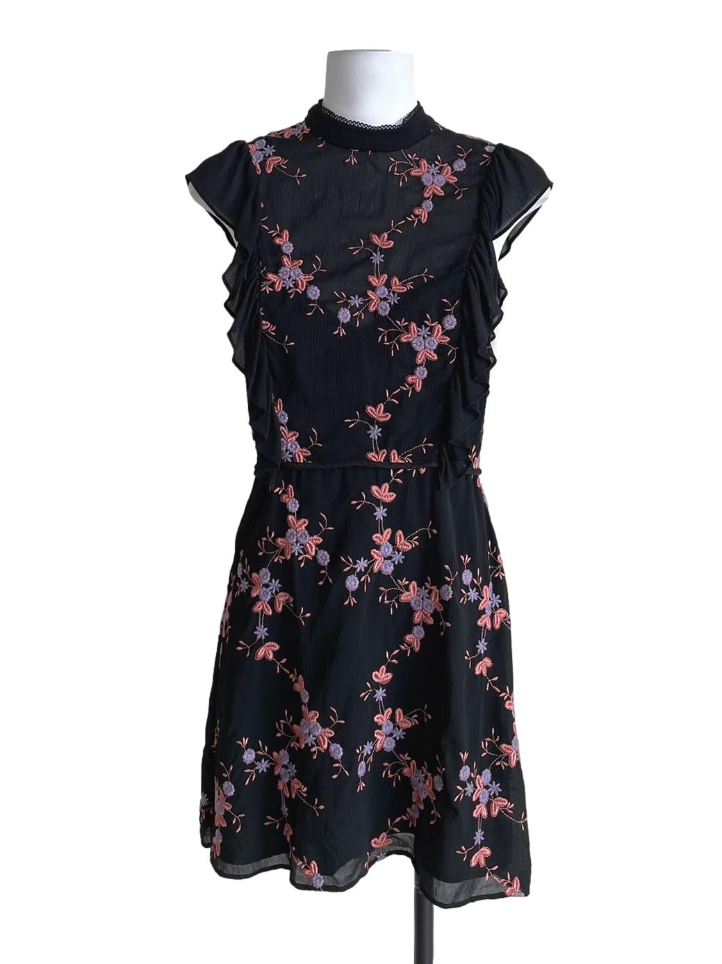 Black Floral Ruffled Collar Dress