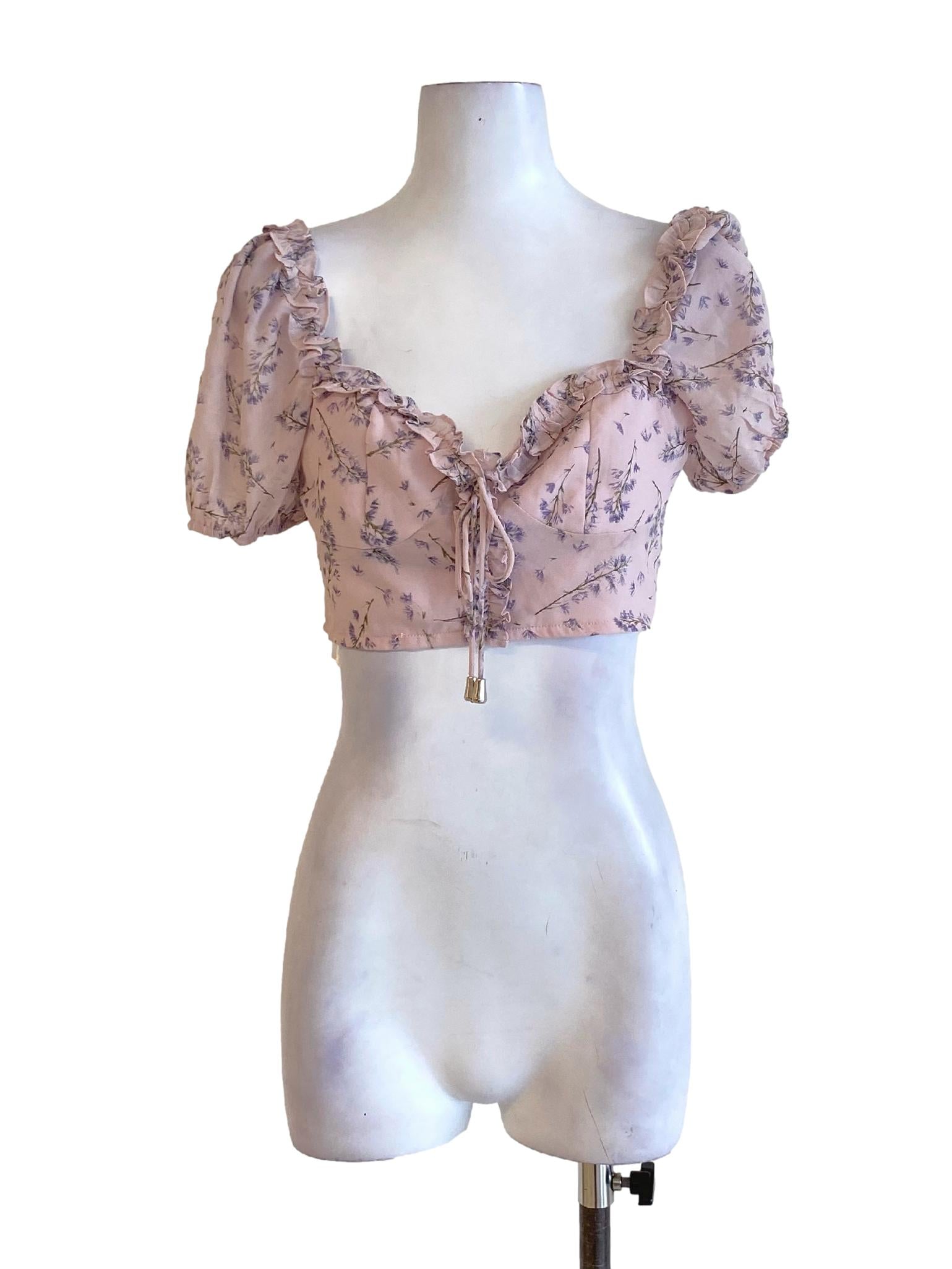 Dusty Pink Floral Ruffle Detail Cropped Top
