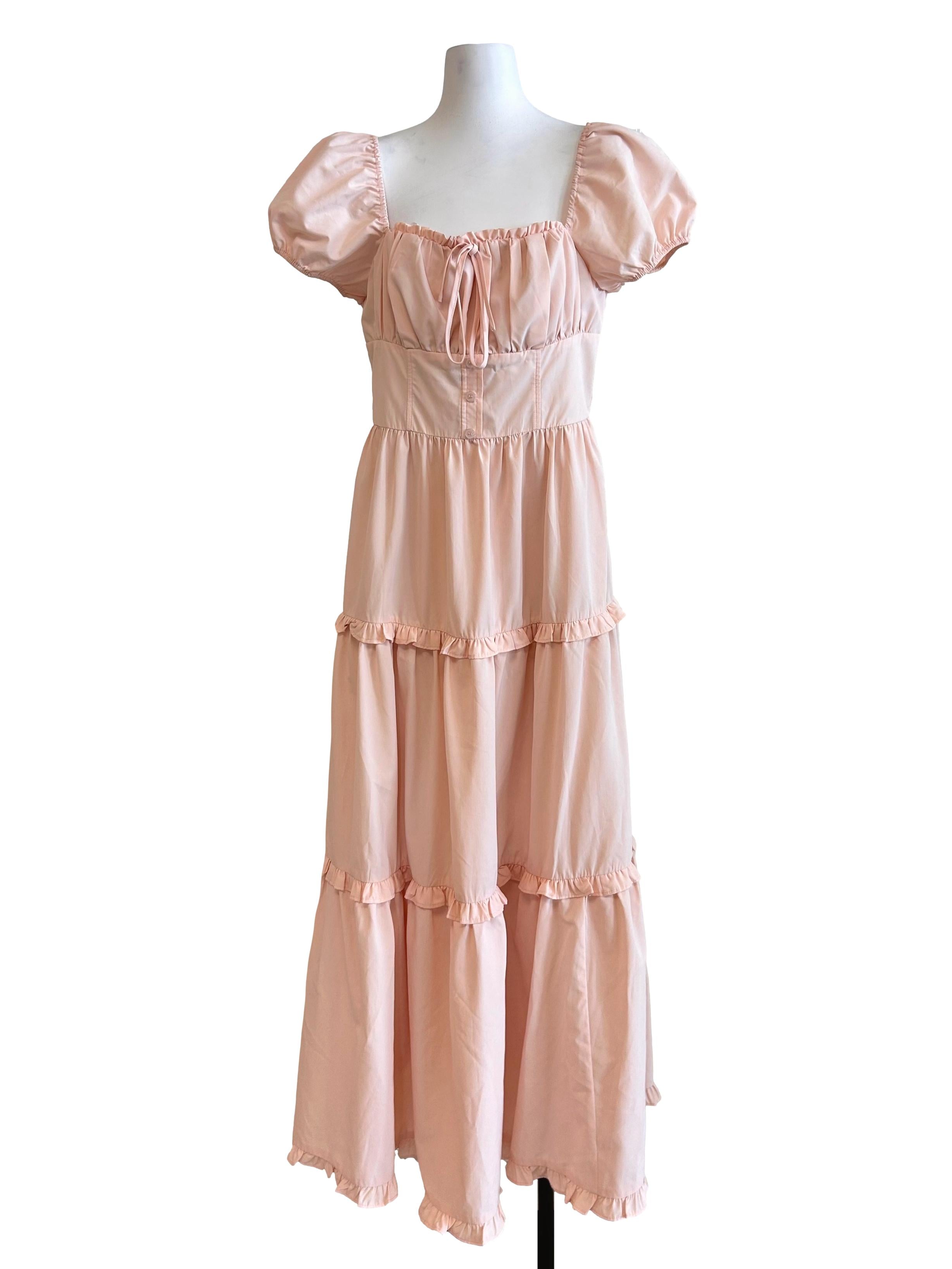 Pink Puff Sleeve Tiered Dress