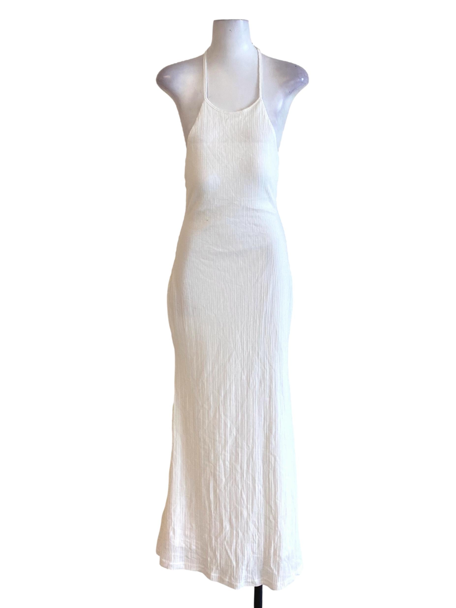 Daisy White Halter Vertical Ribbed Knitted Fit Padded Dress
