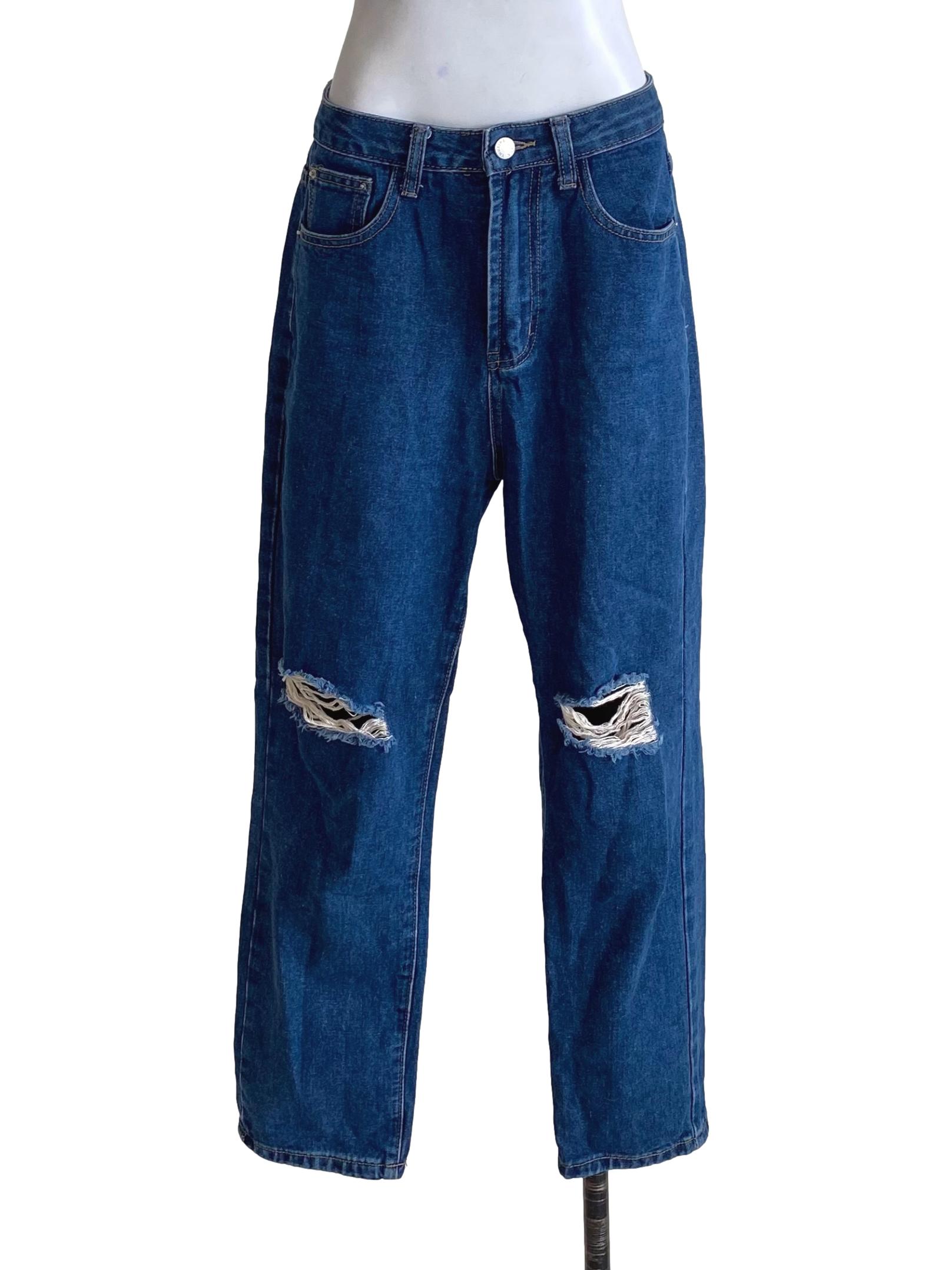 Deep Denim Blue Distressed Ripped Straight Jeans TTR