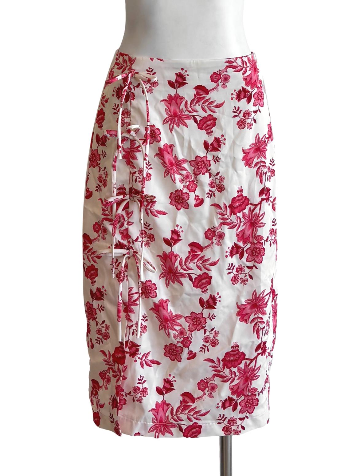 Ivory White Floral Red Ribbon Skirt