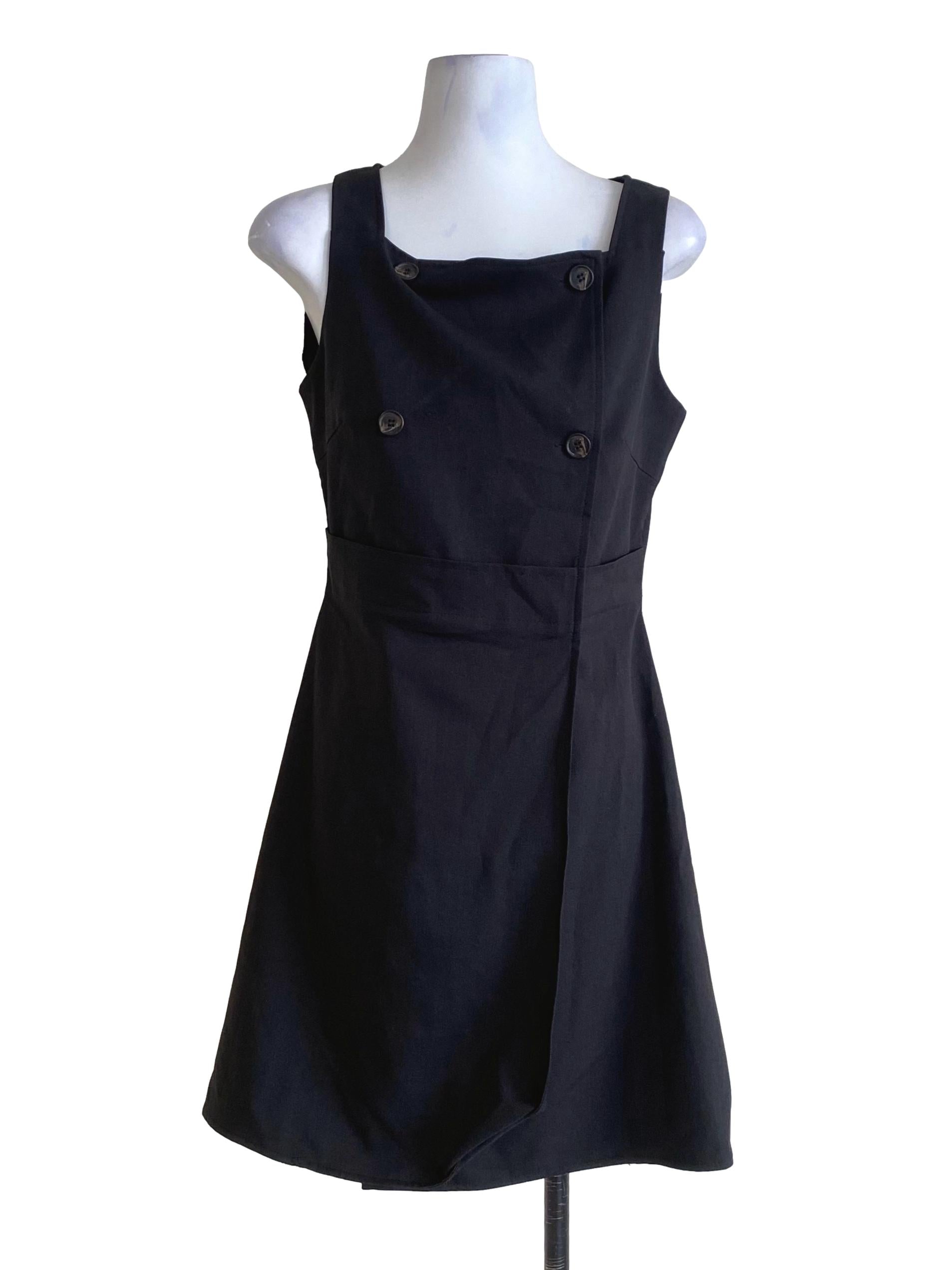 Midnight Black Buttons Drop Waist Wrap Dress LB
