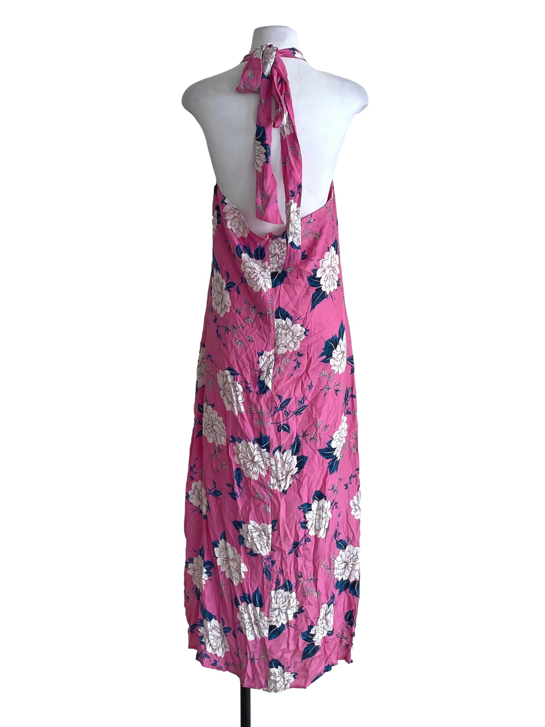 Light Hot Pink Floral Halter Tie Neck Dress