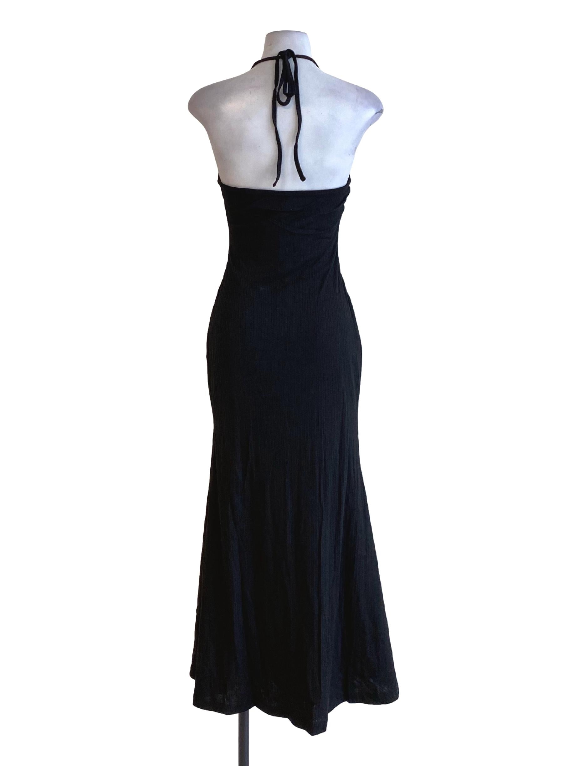 Coal Black  Halter Vertical Ribbed Knitted Fit Padded Dress