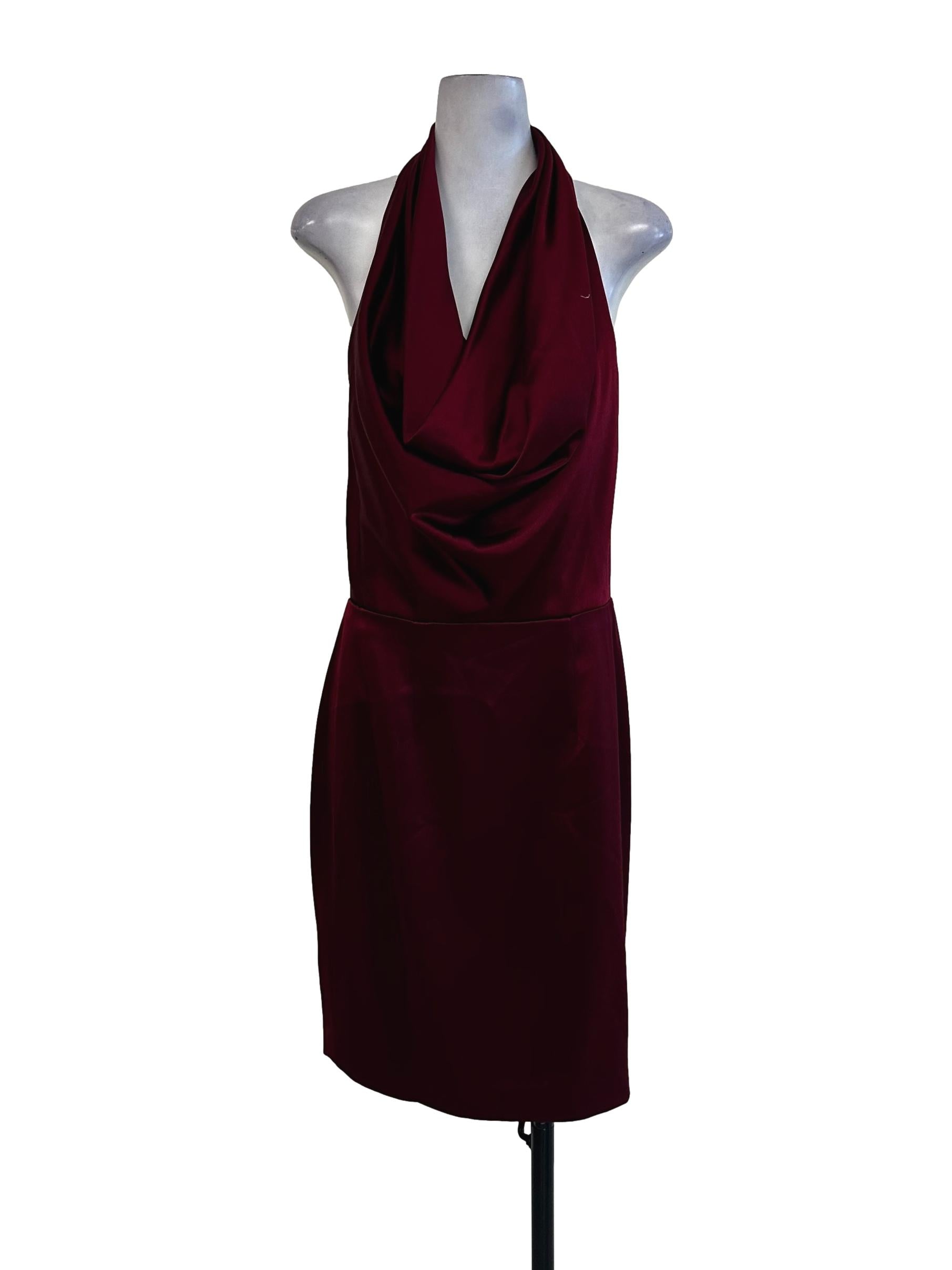 Cherry Red Satin Halter Straps Dress