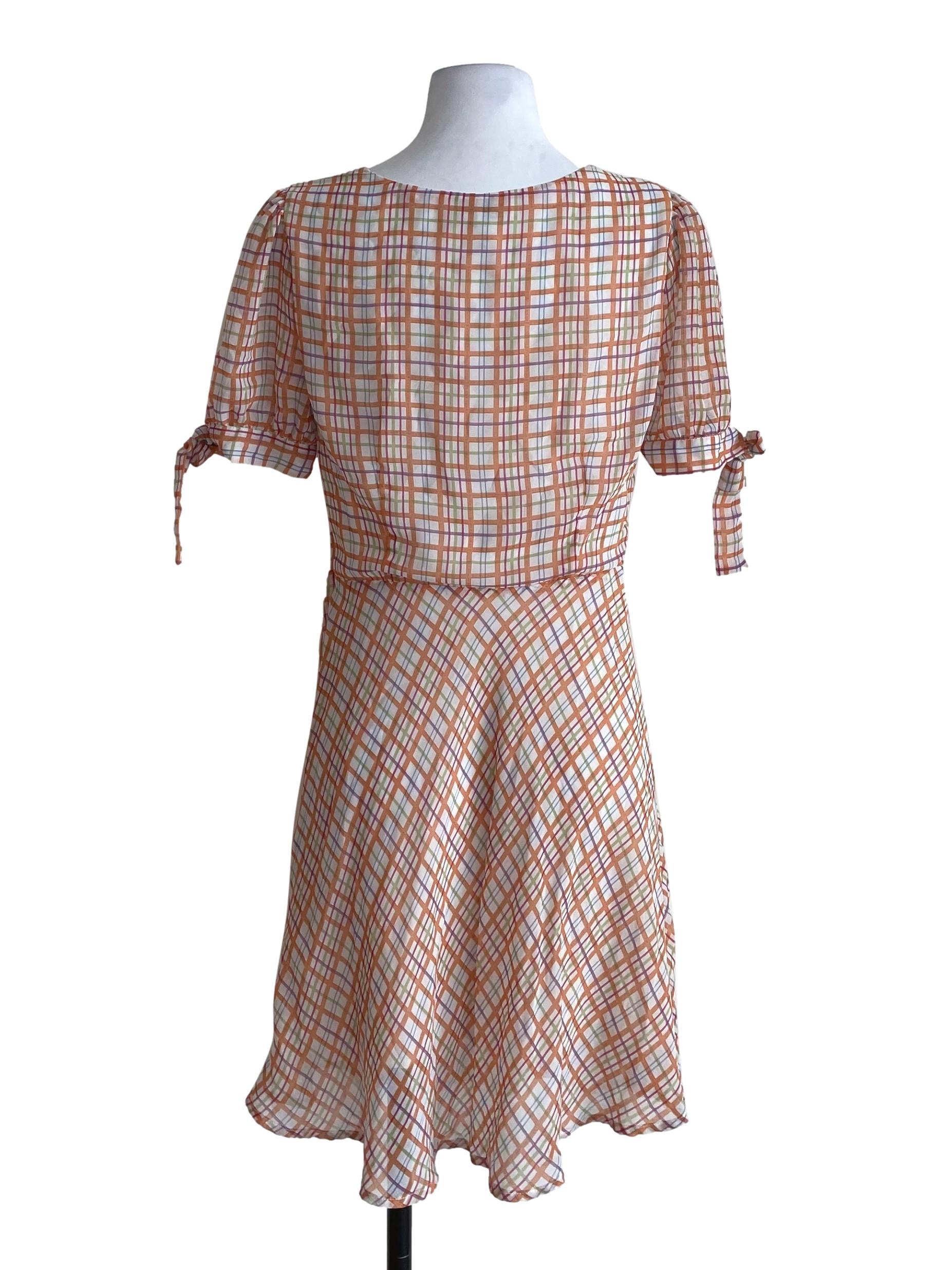 White & Orange Plaid Sweetheart Chiffon Dress