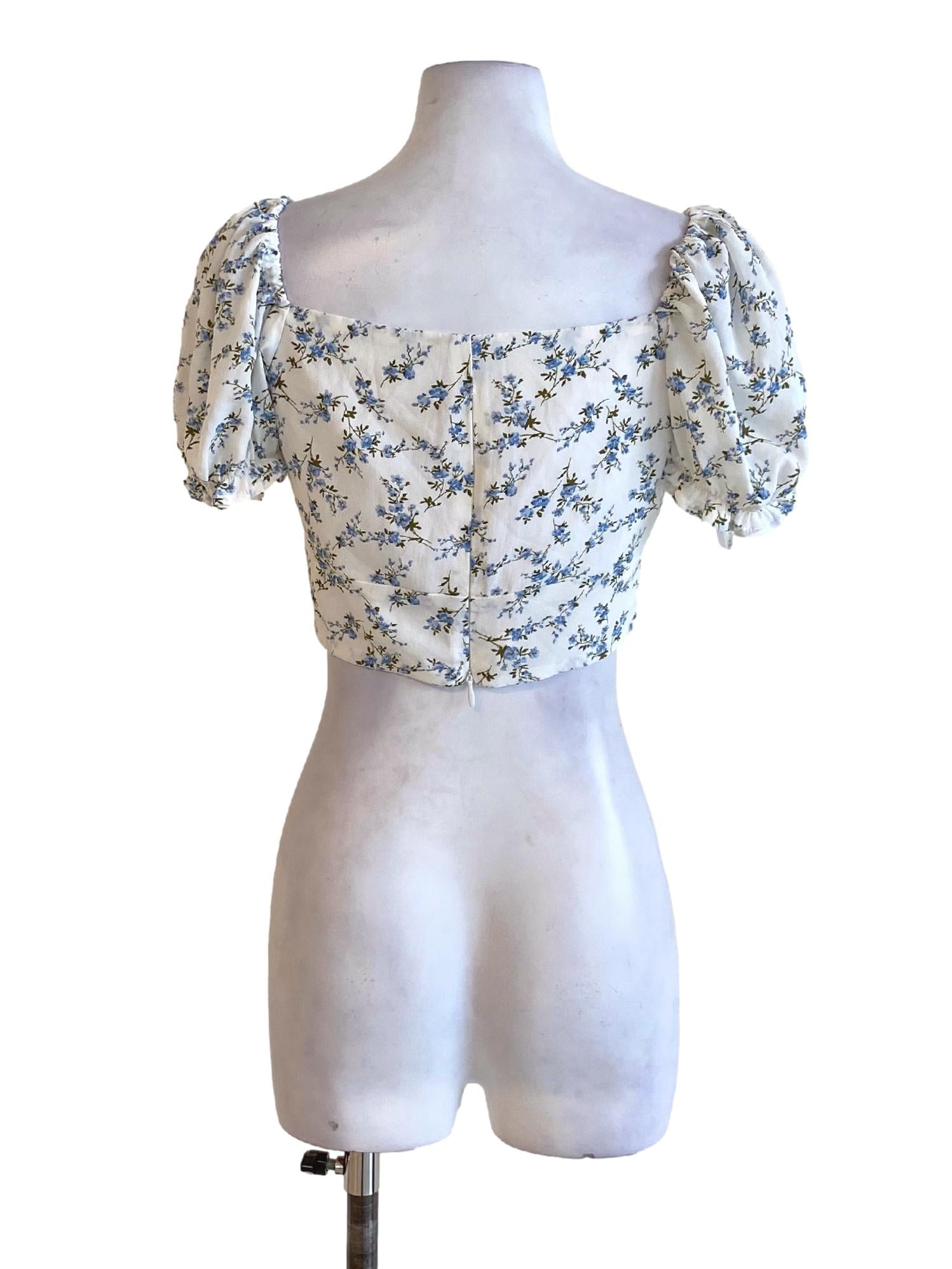 Cotton White Floral Printed Square Ruffle Detail Cropped Top