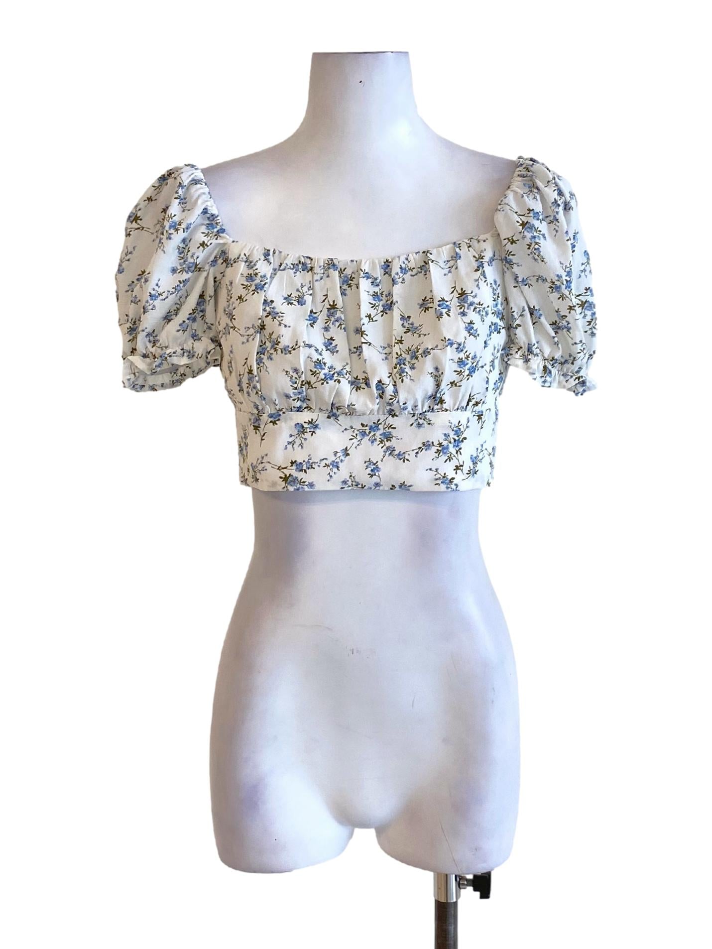 Cotton White Floral Printed Square Ruffle Detail Cropped Top