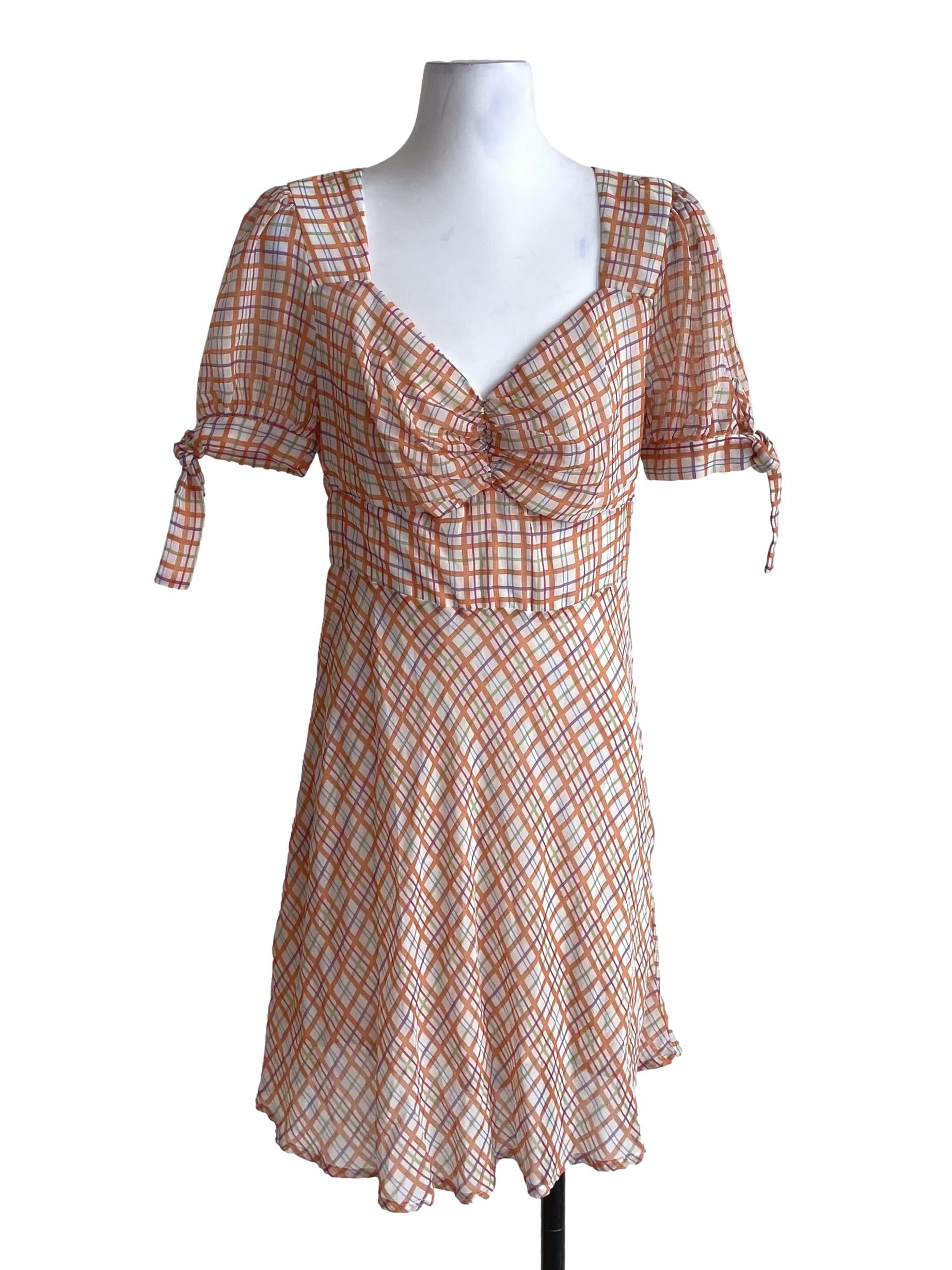 White & Orange Plaid Sweetheart Chiffon Dress