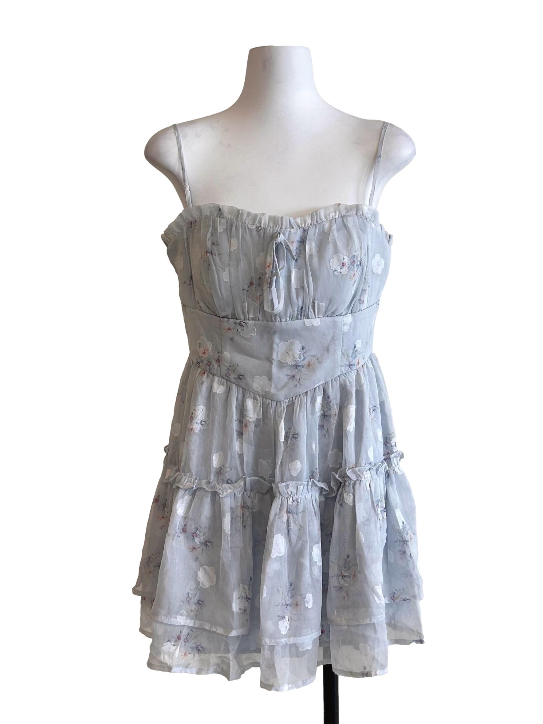 Baby Blue Floral Print Ruffled Dress