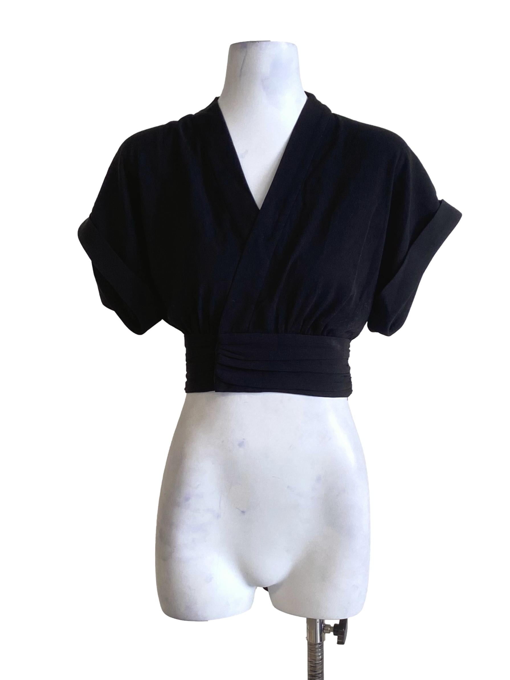 Onyx Black V-Neck Wrap Hidden Button Top LB