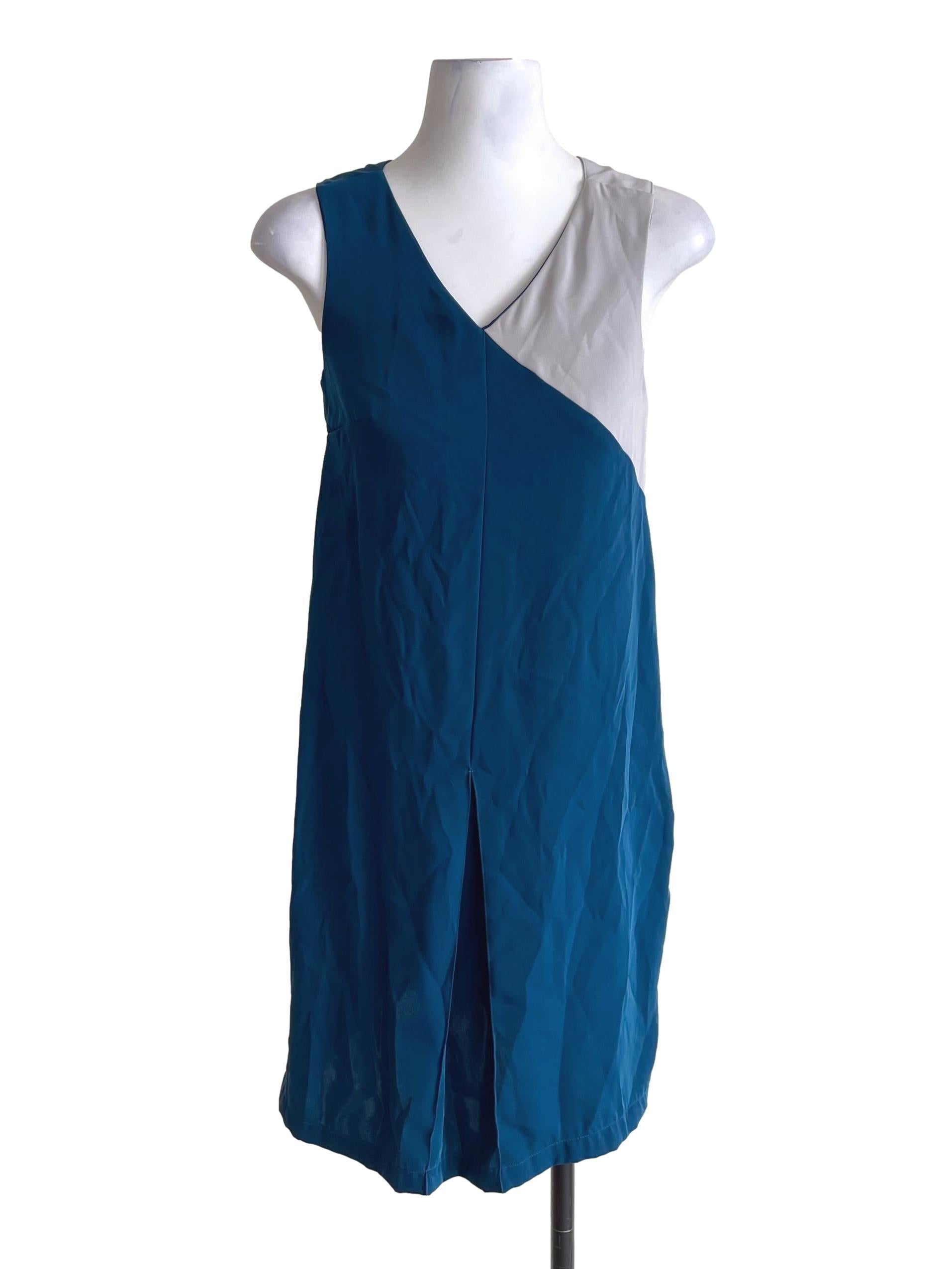 Warm Blue V Neck Fix Box Pleated Dress