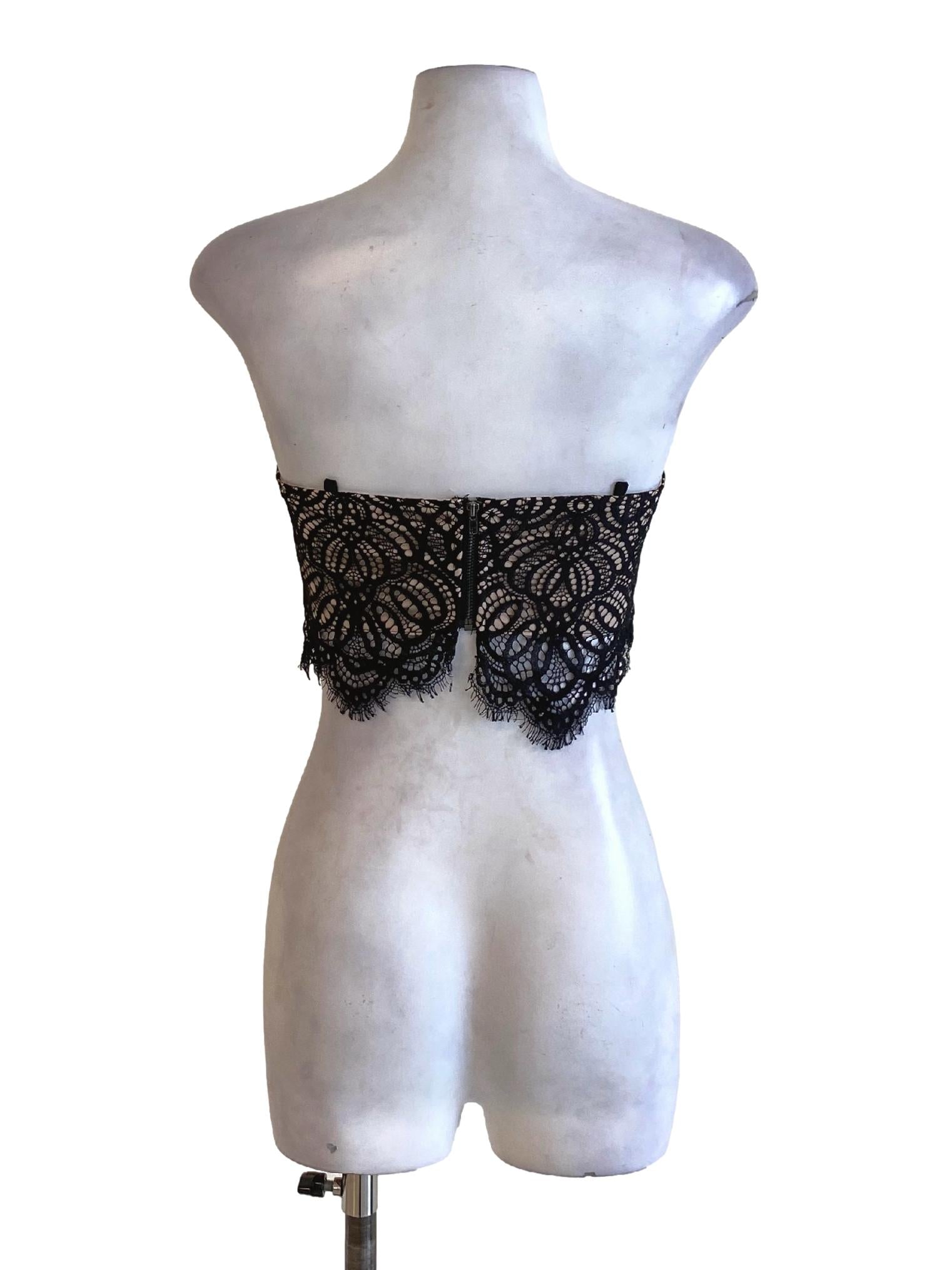 Rich Black Floral Lace Sweetheart Strapless Cropped Top YHF