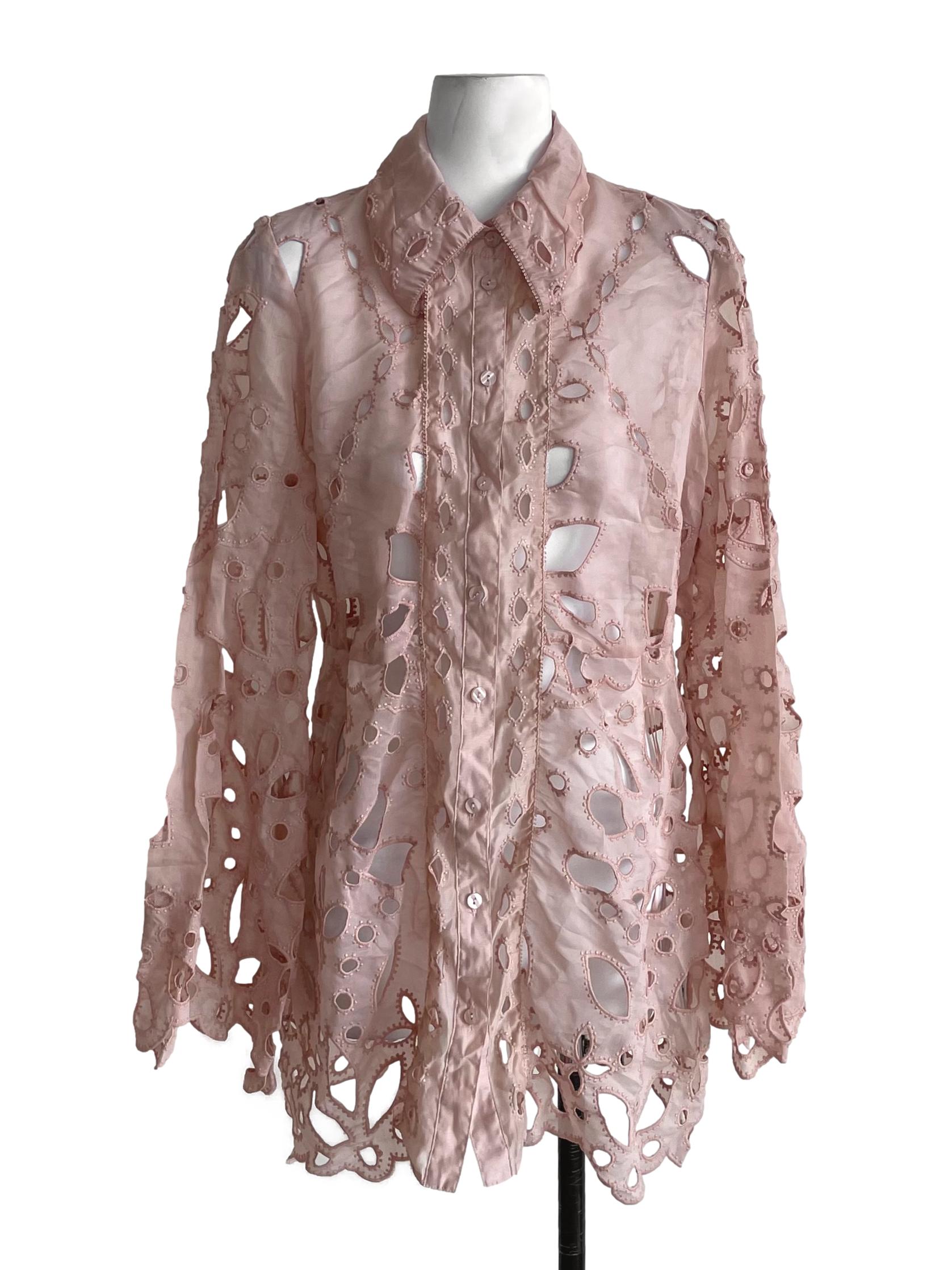 Nude Pink Embroidery Hollow Shirt Dress