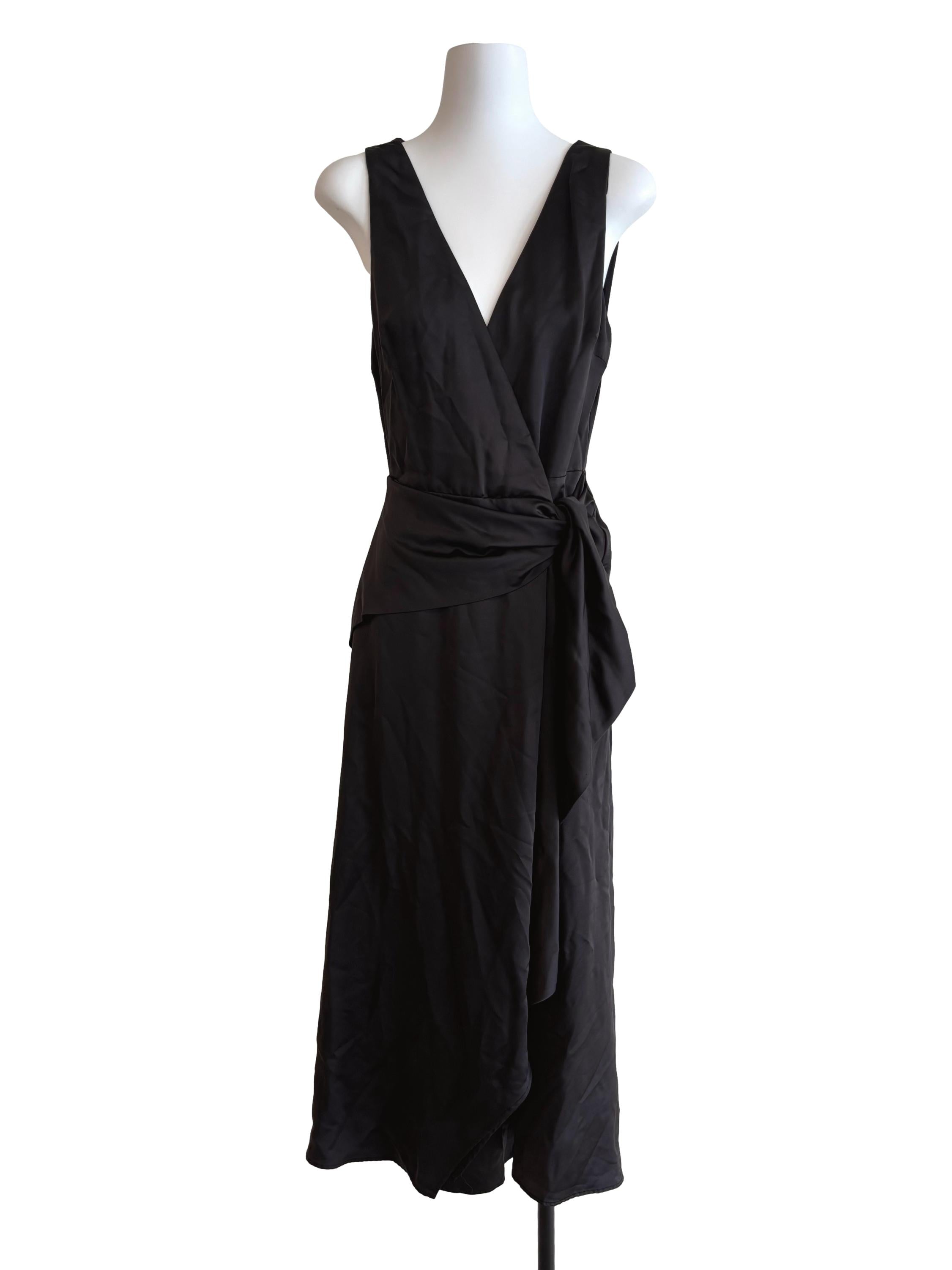 Jet Black Satin Drape Wrap Dress