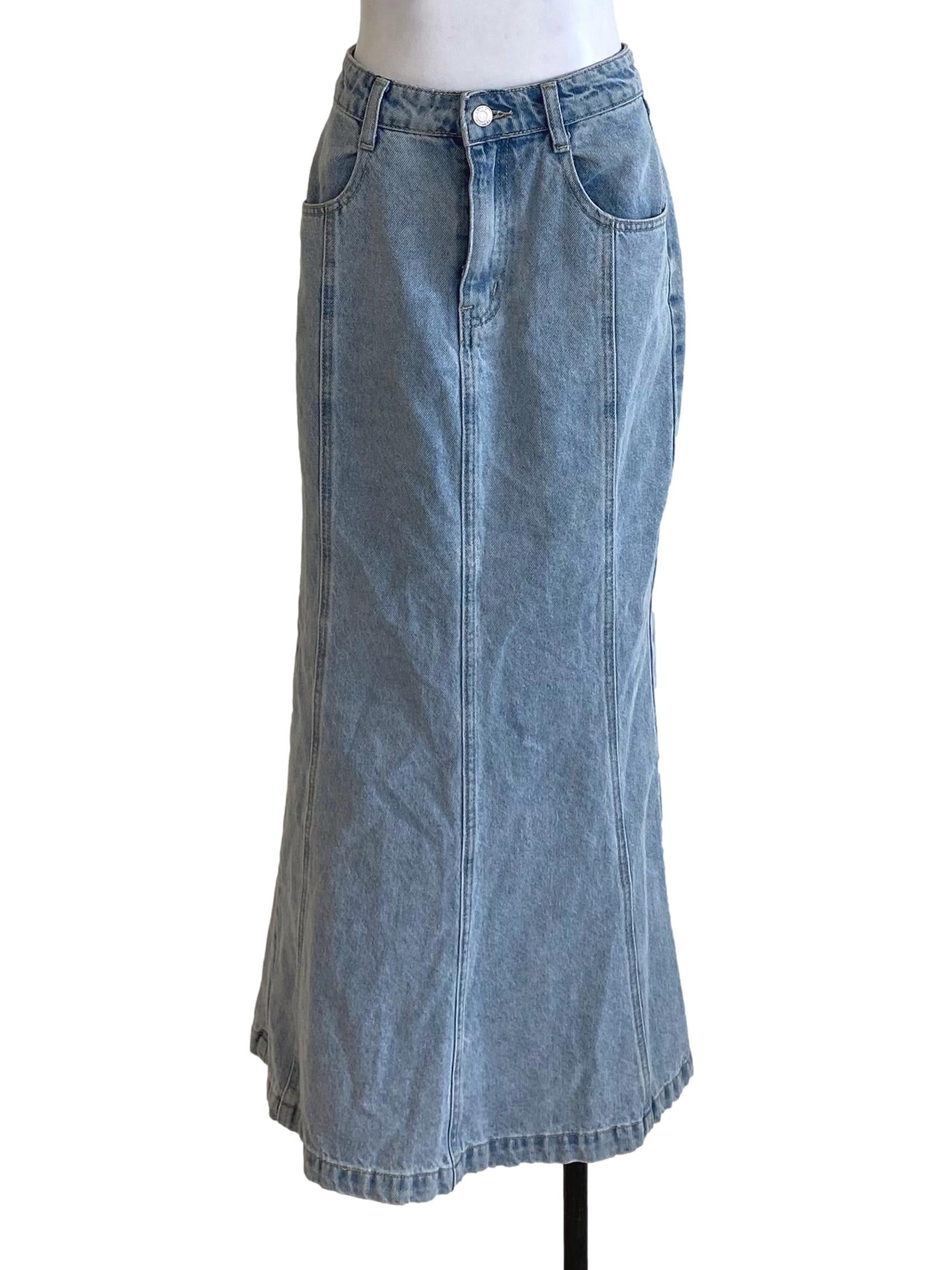 Pale Denim Blue Back Slits Skirt