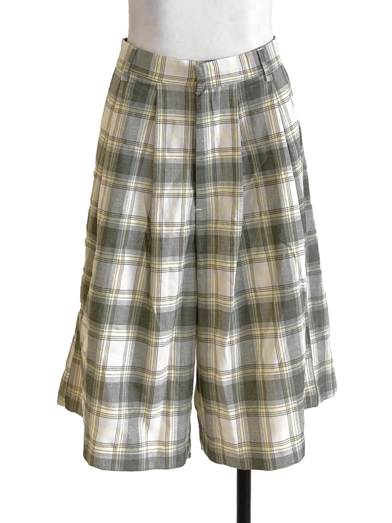 Juniper Green With White And Yellow Flannel Pattern Shorts