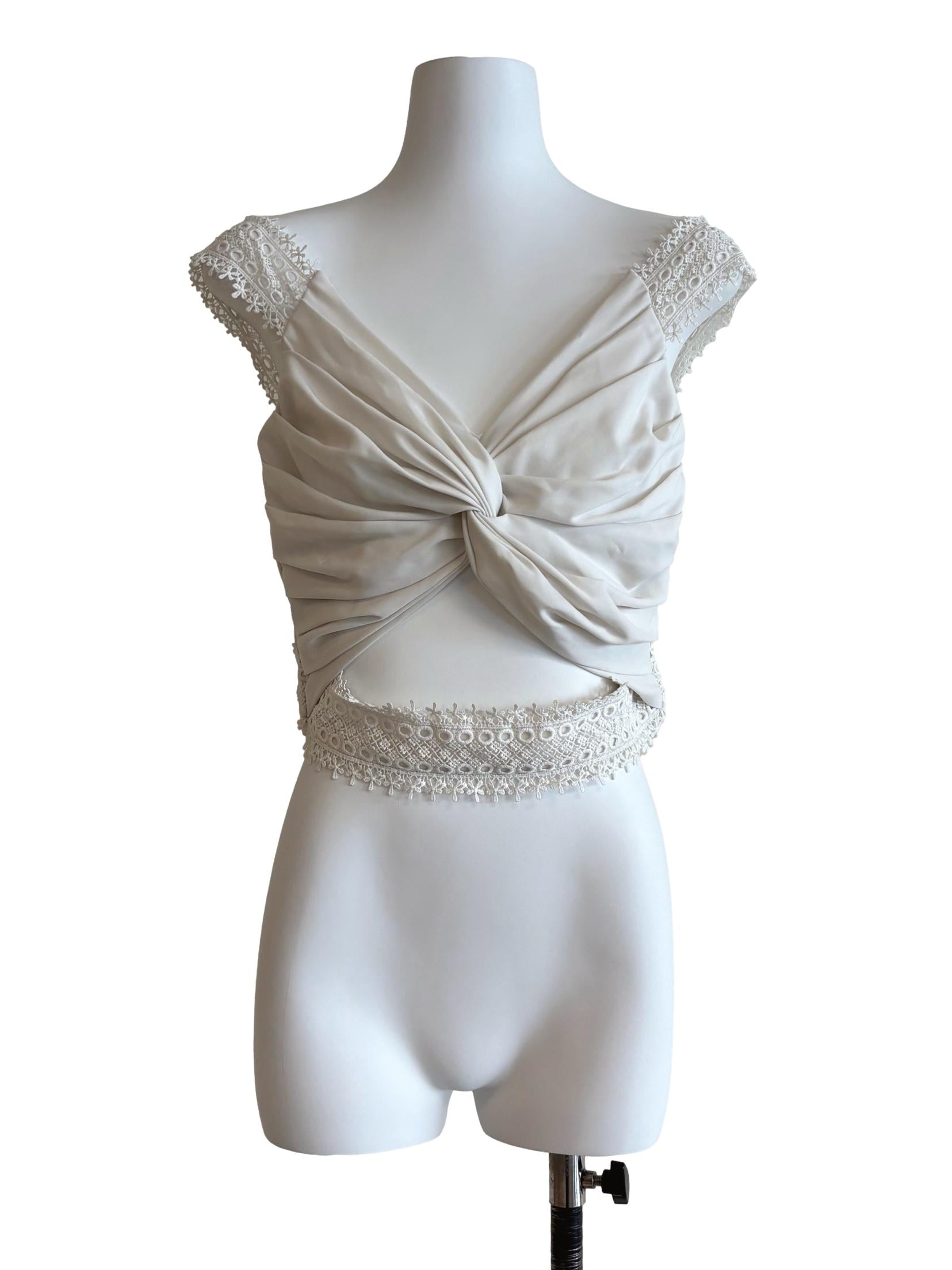 Rice White Front Twist Lace Hem Top
