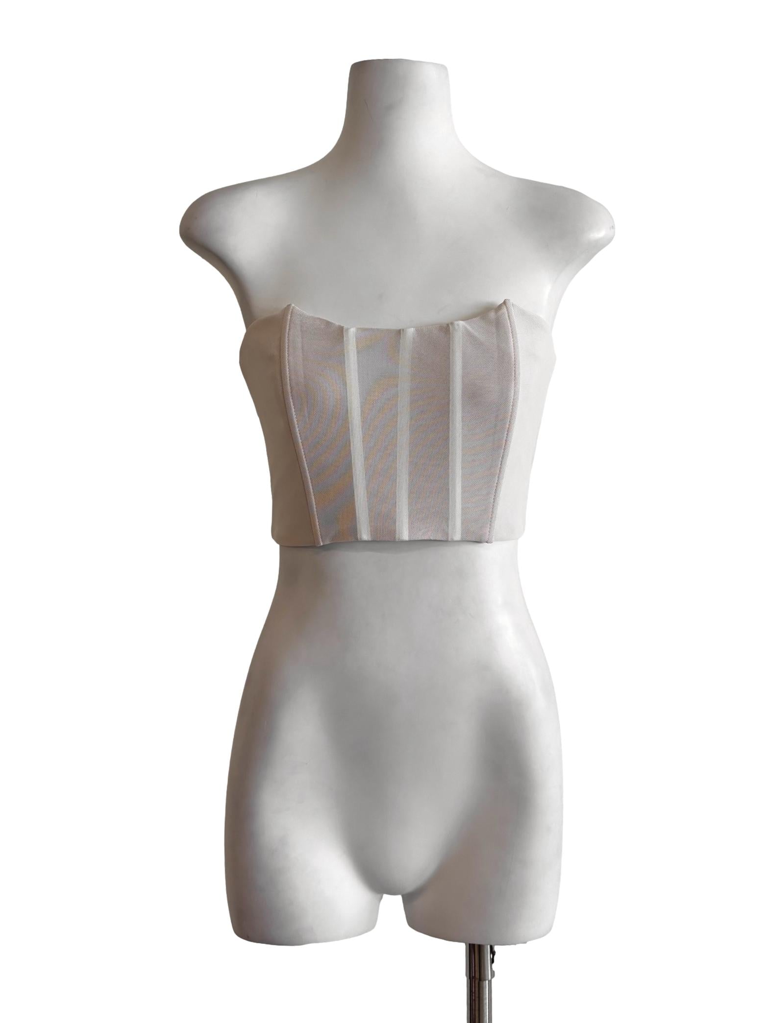 Floral White Cat Neckline Corset Mesh Top