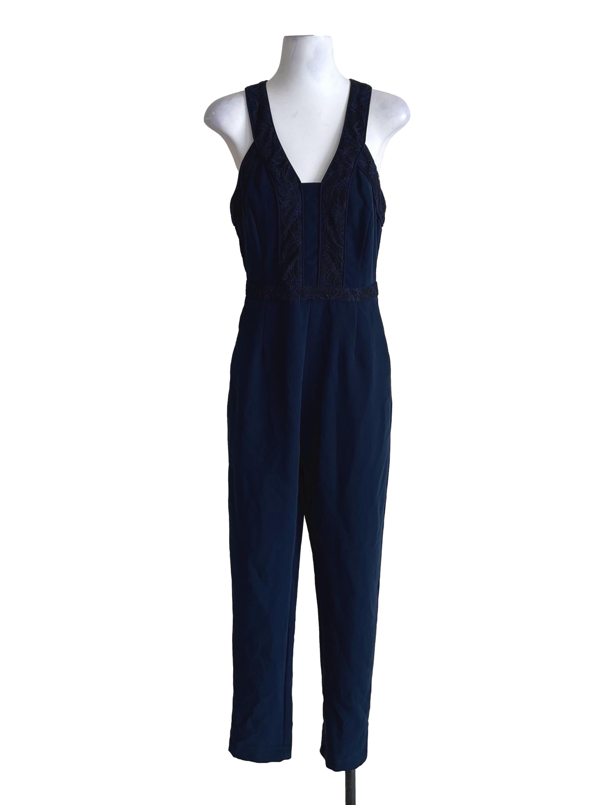 Navy Blue Lace Trace Halter Neck Jumpsuit