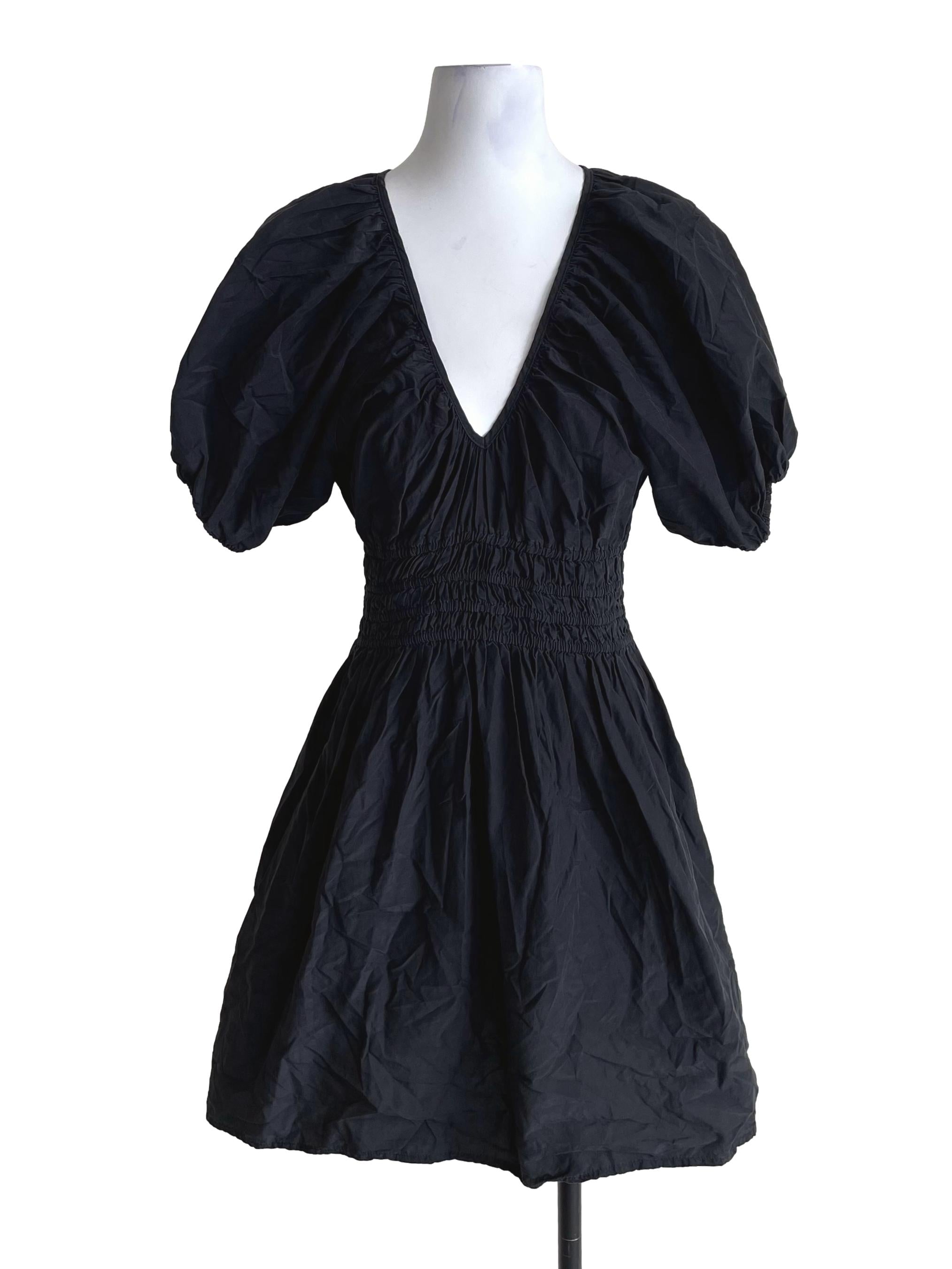 Charcoal Black Puff Sleeves Shirred Dress