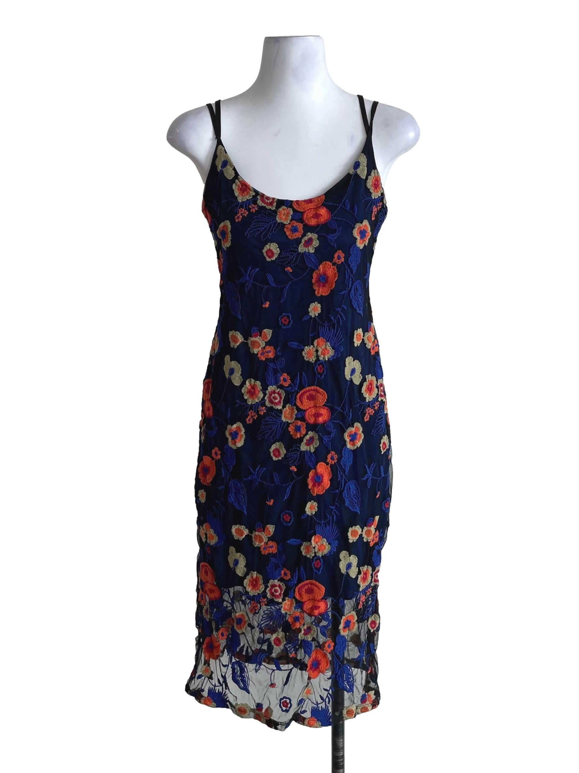 Black Floral Stitches Net Cami Dress