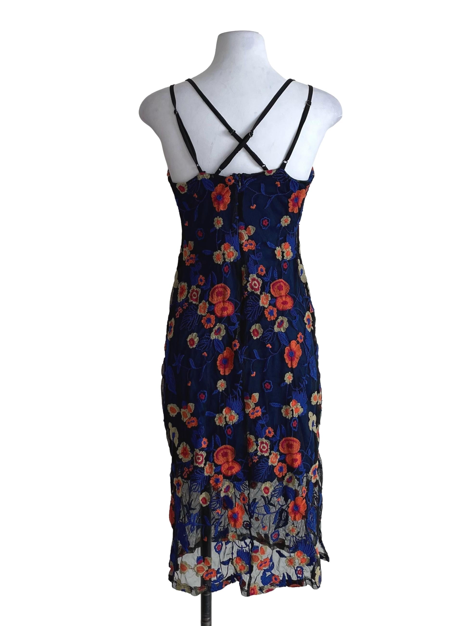 Black Floral Stitches Net Cami Dress
