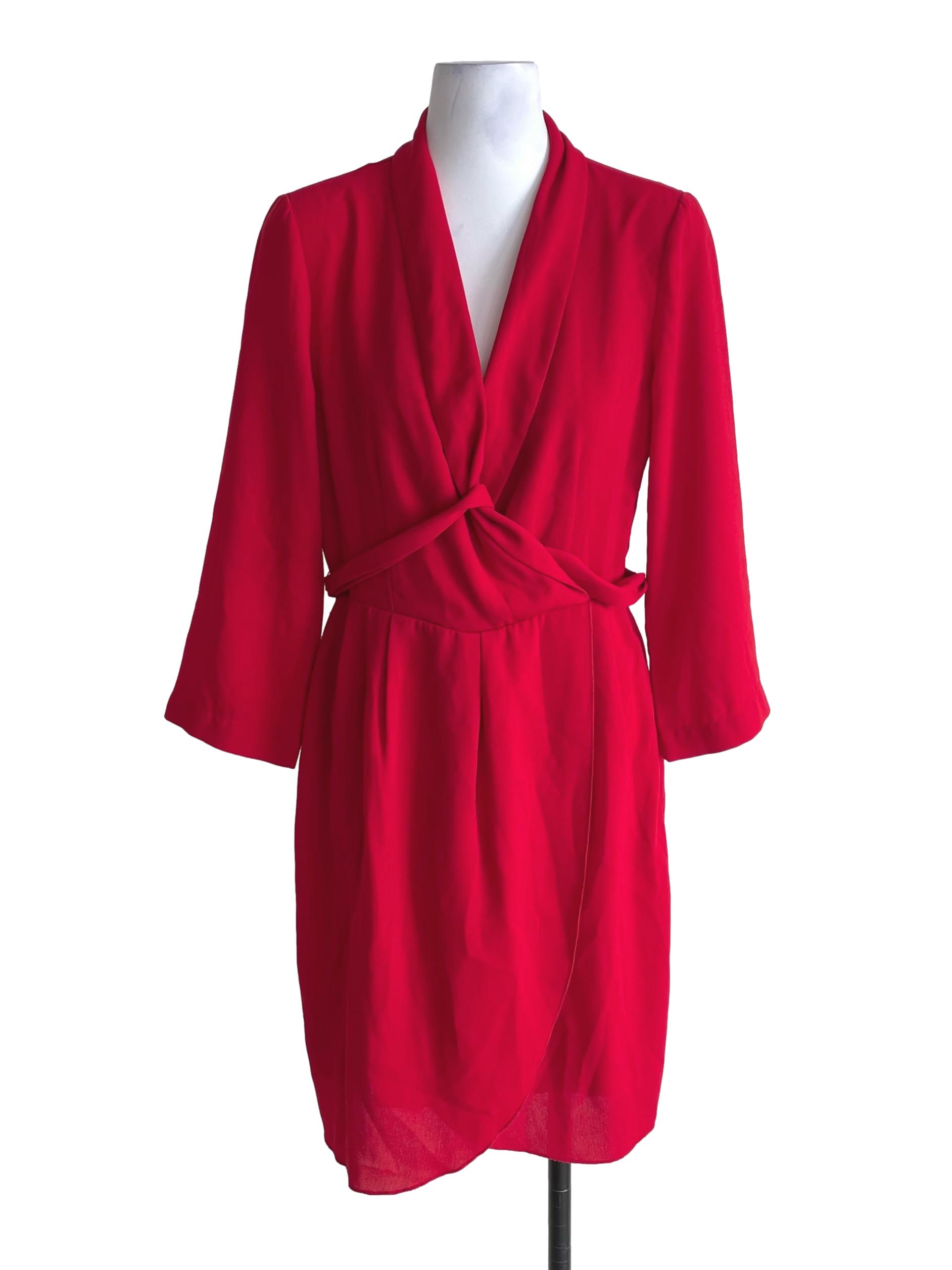 Red Fold Waist Collar Dress