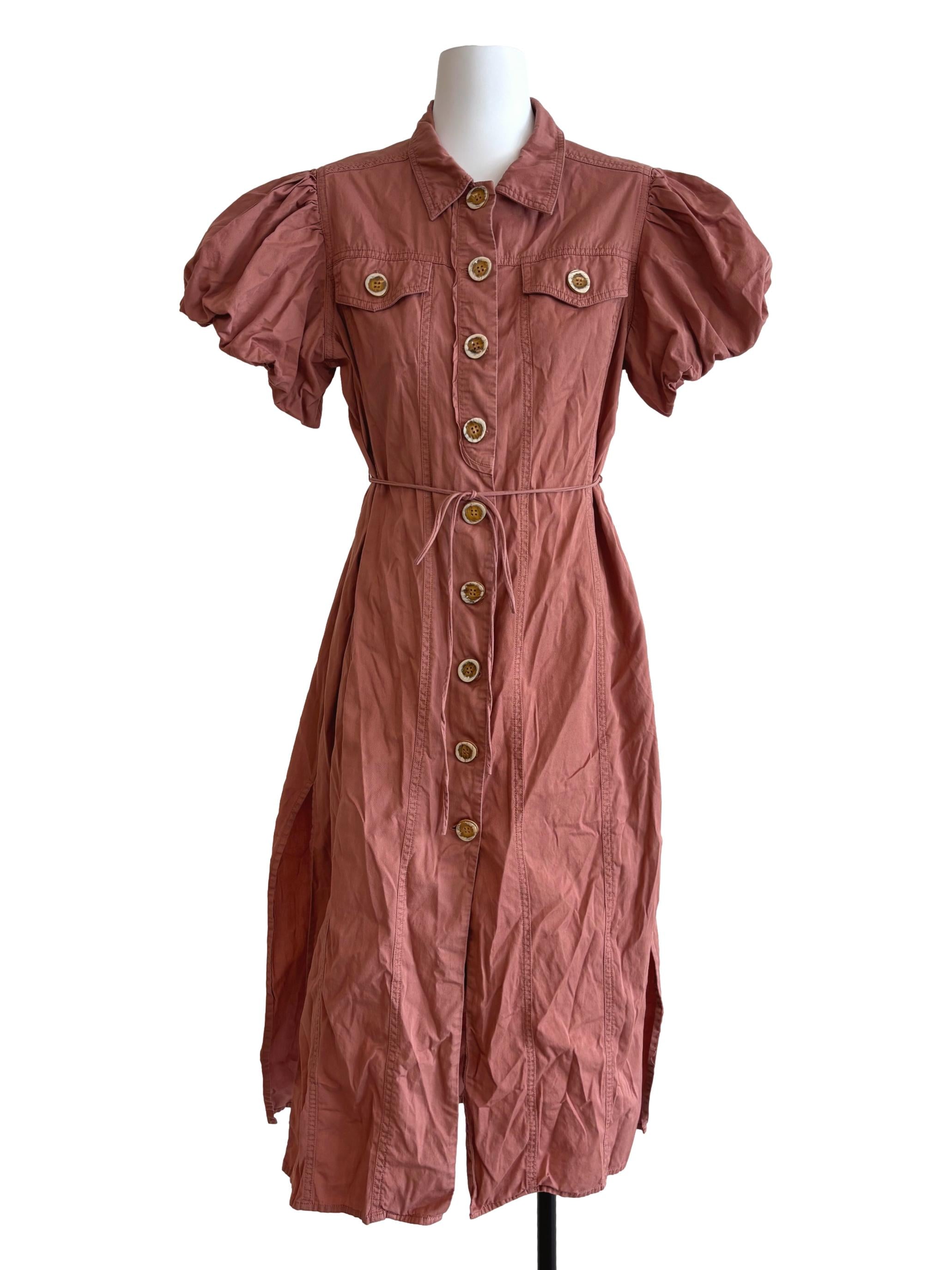 Coral Puff Sleeve Buttoned Dress