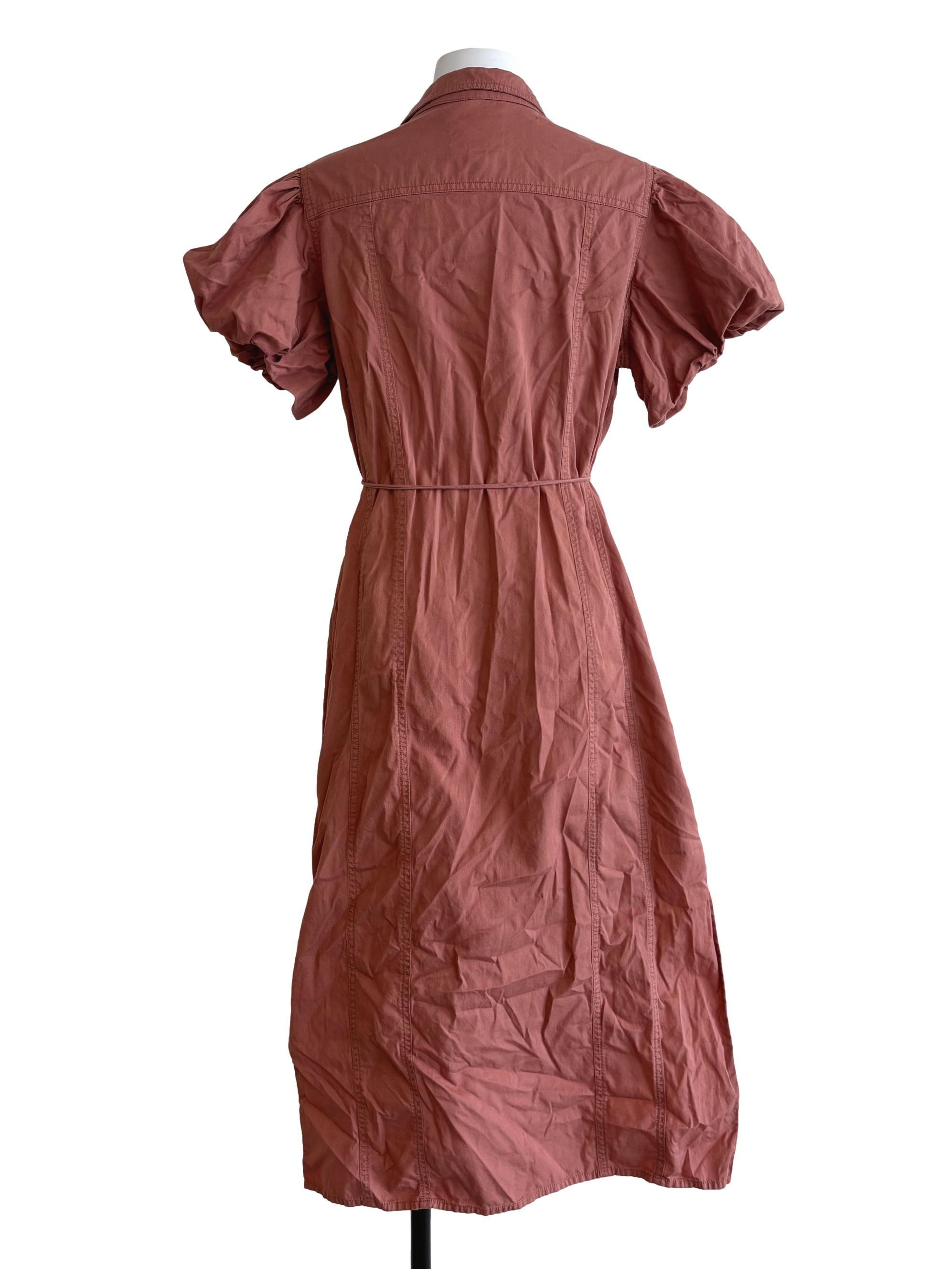 Coral Puff Sleeve Buttoned Dress