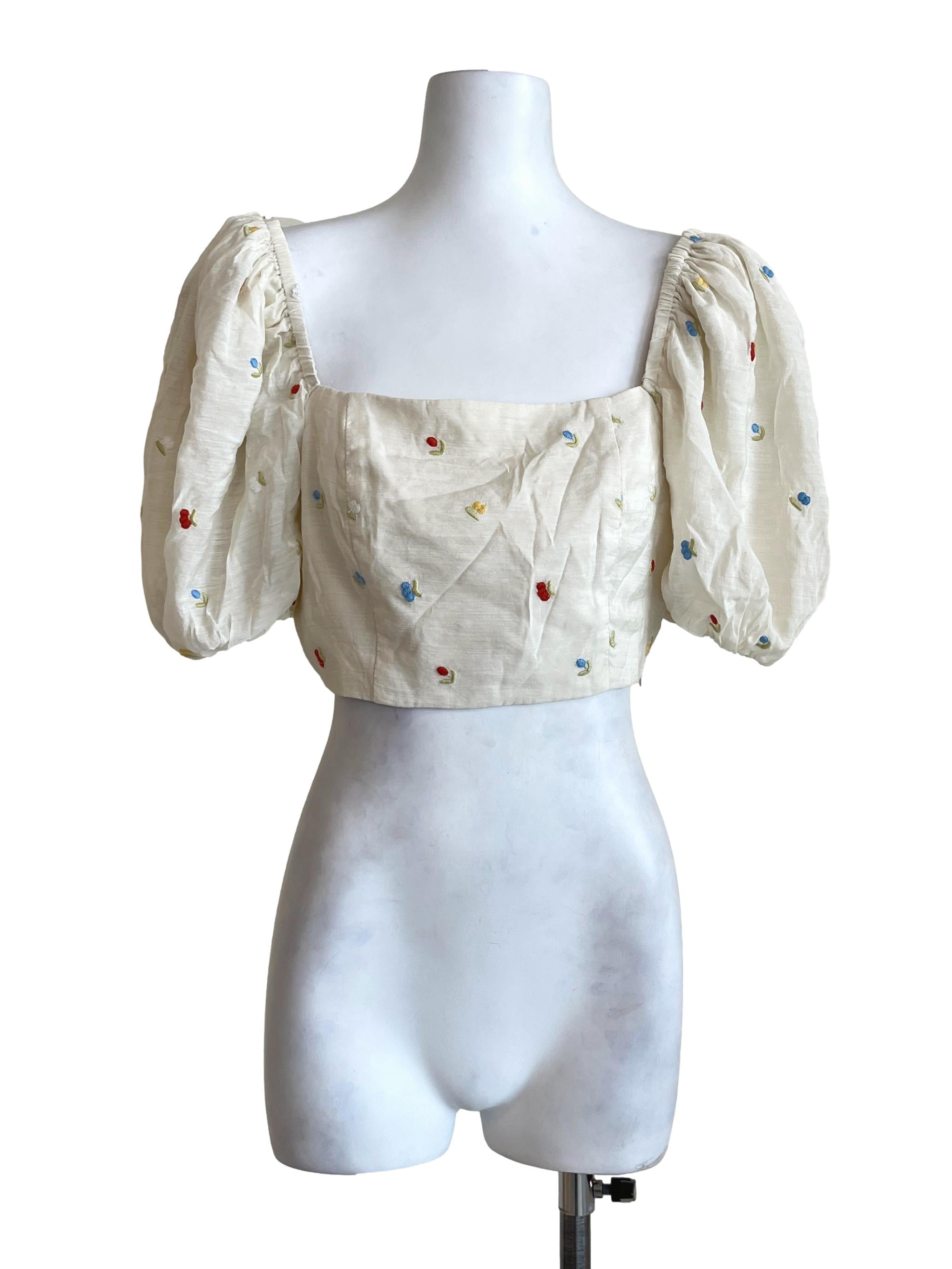 Cream White Square Puff Sleeve Top