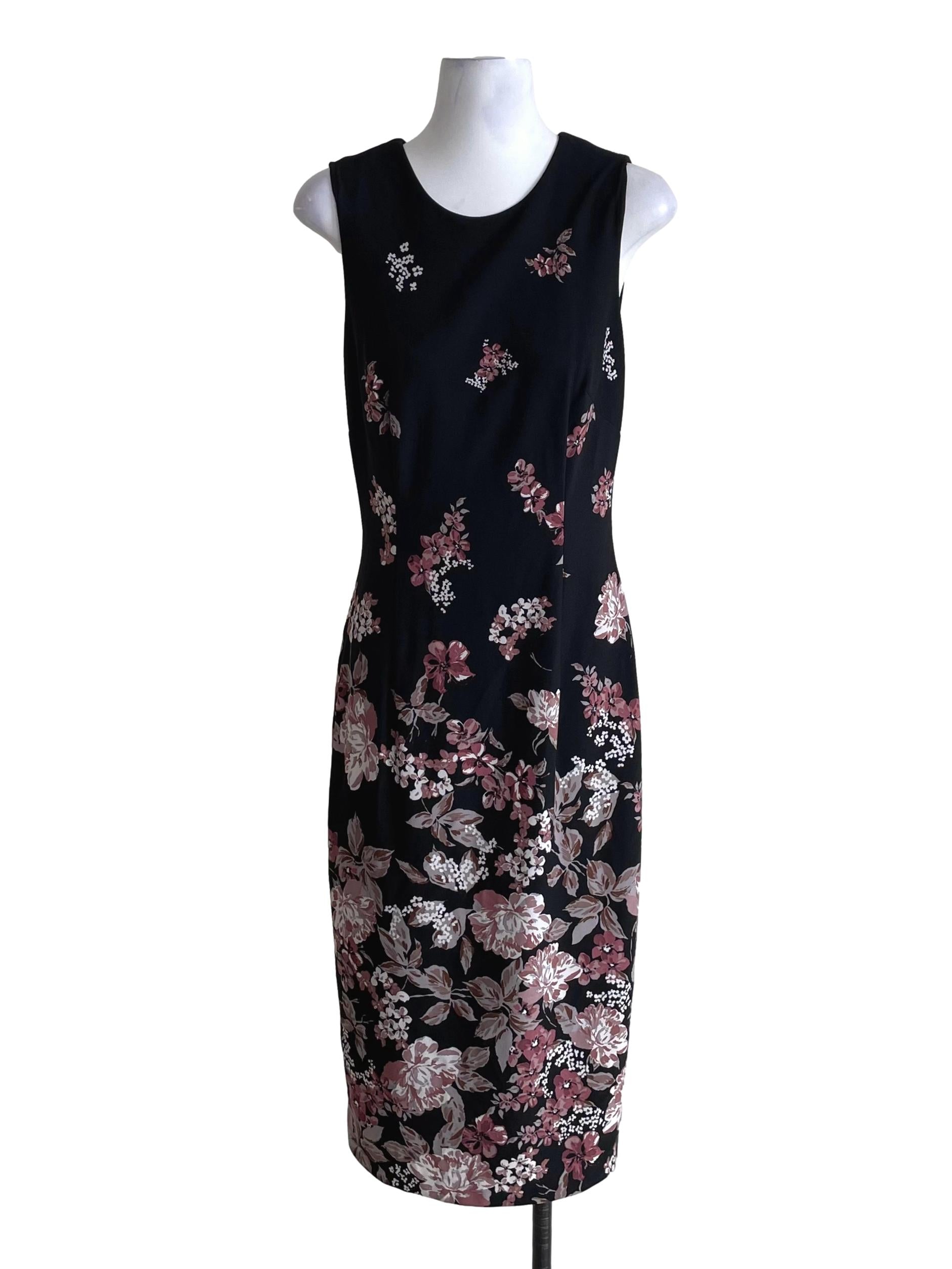 Black Floral Round Neck Sheath Dress