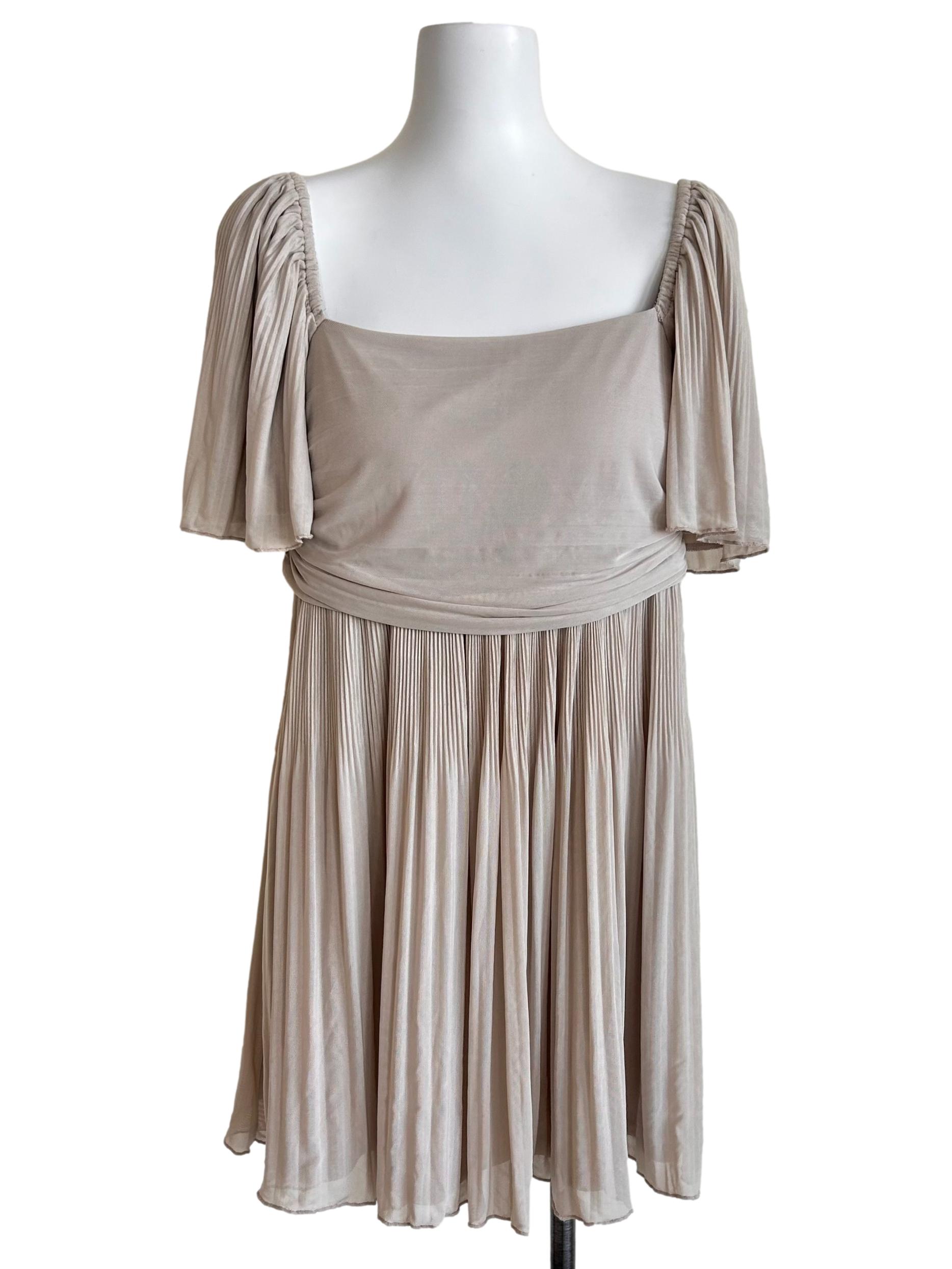 Beige Pleated Flutter Sleeves Dress