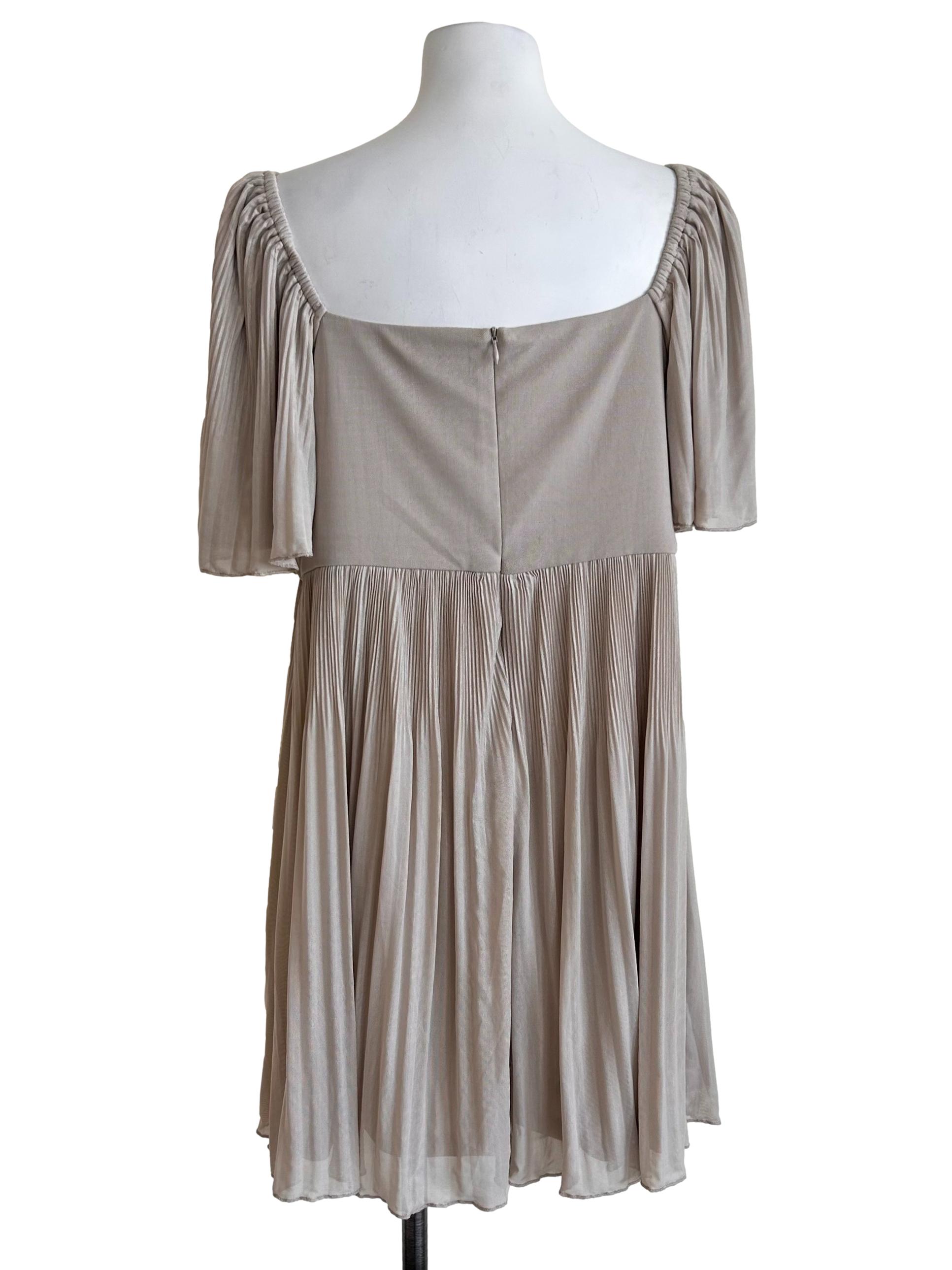 Beige Pleated Flutter Sleeves Dress