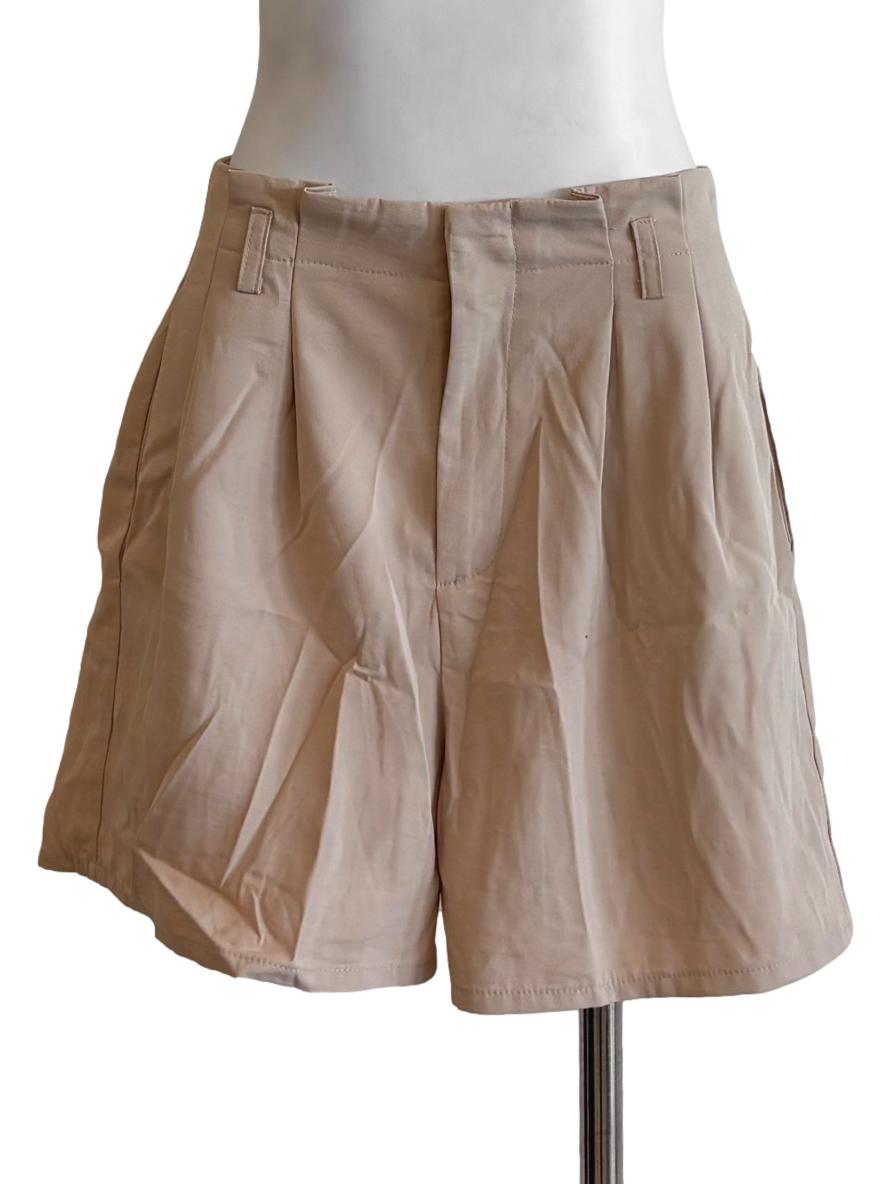 Beige Pleated Relaxed Shorts