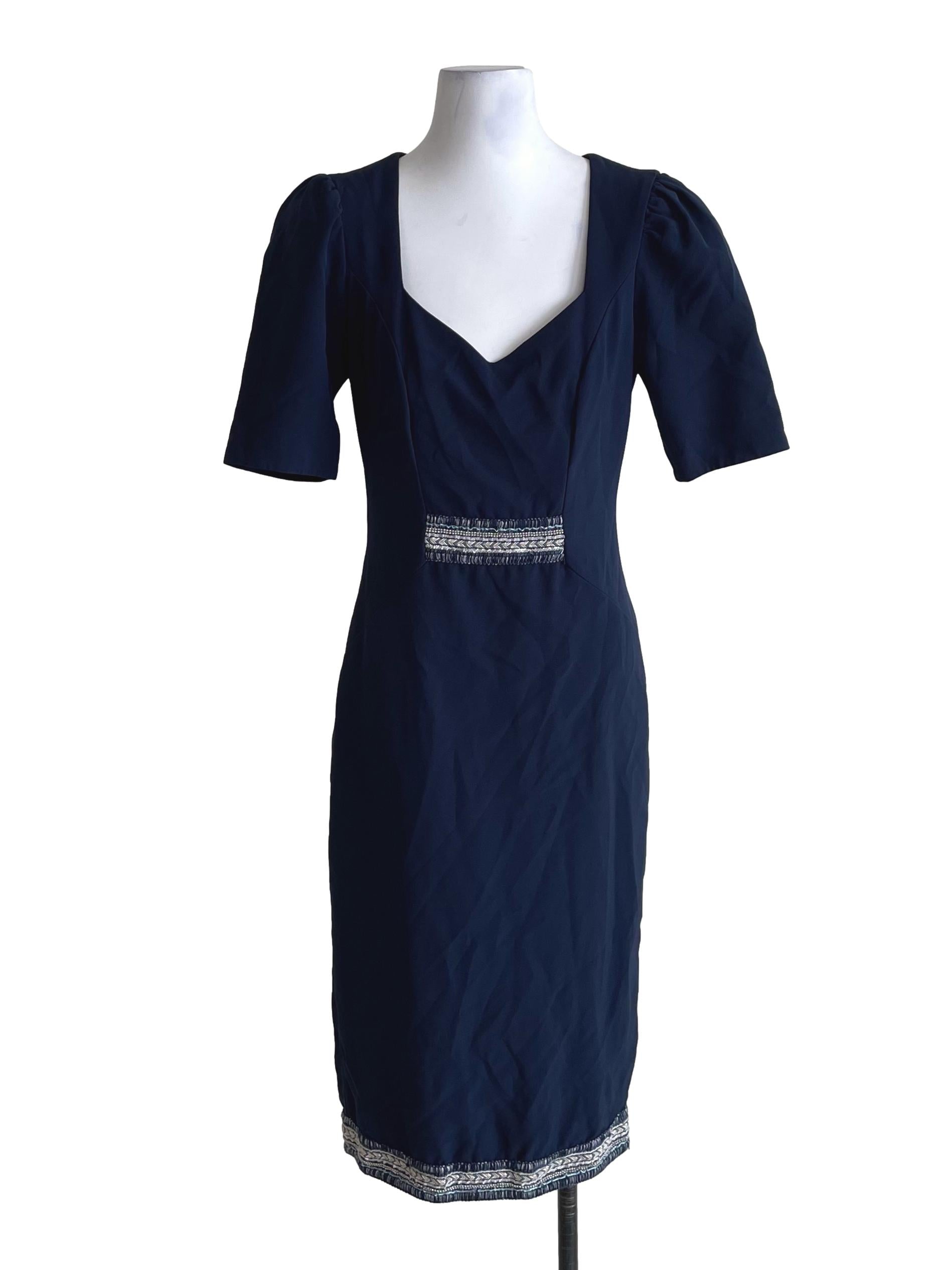 Navy Blue Beaded Detail Sheath Dress
