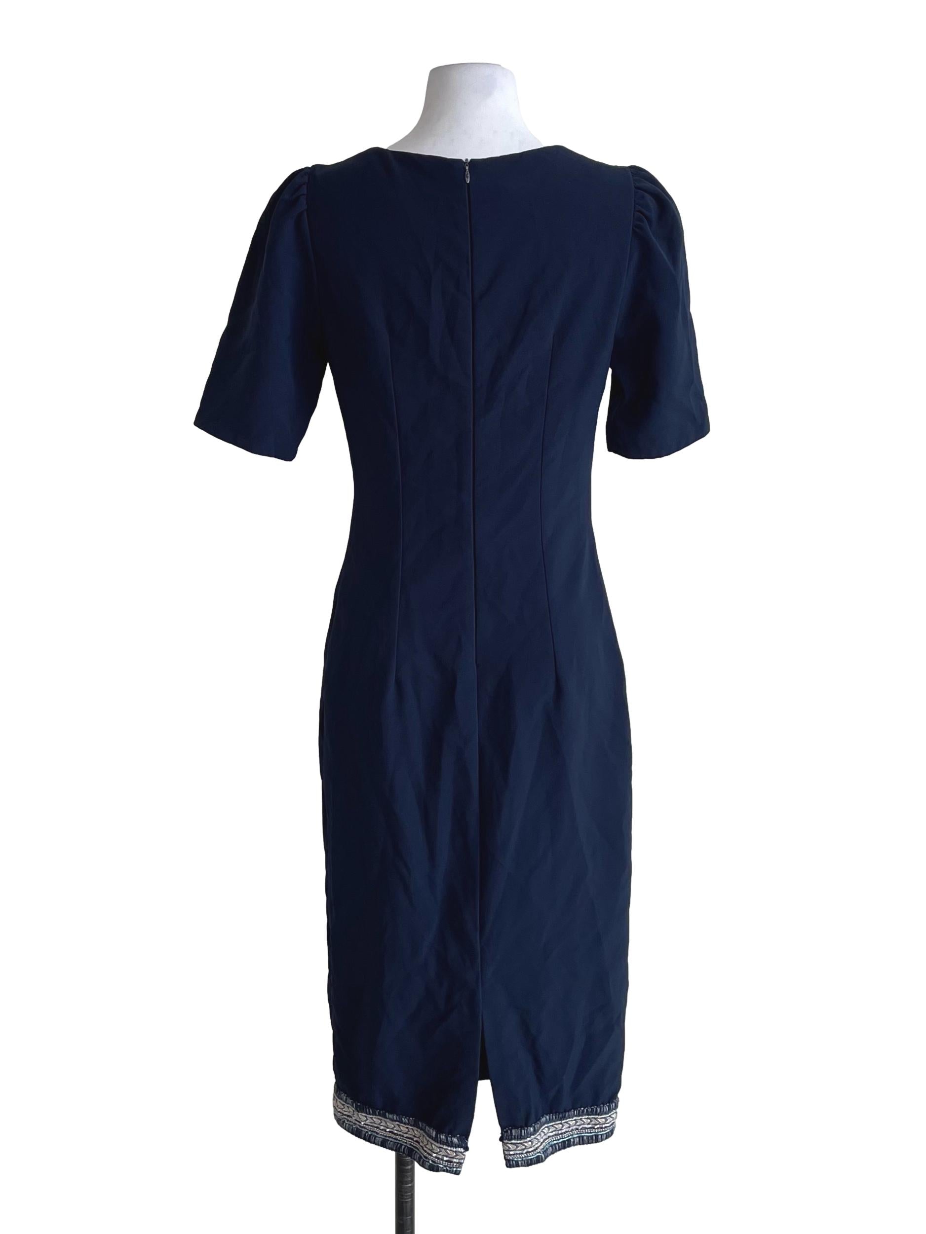 Navy Blue Beaded Detail Sheath Dress