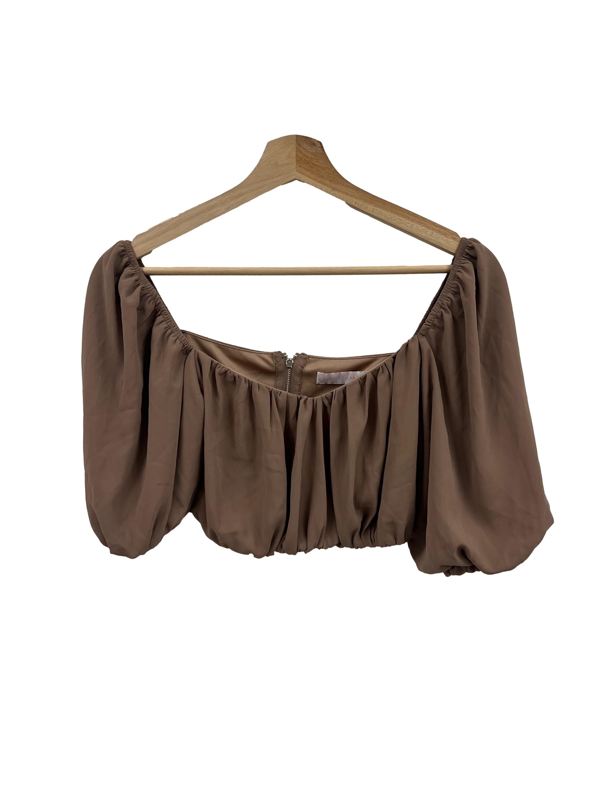 Brown Ruched Puff Sleeve Top