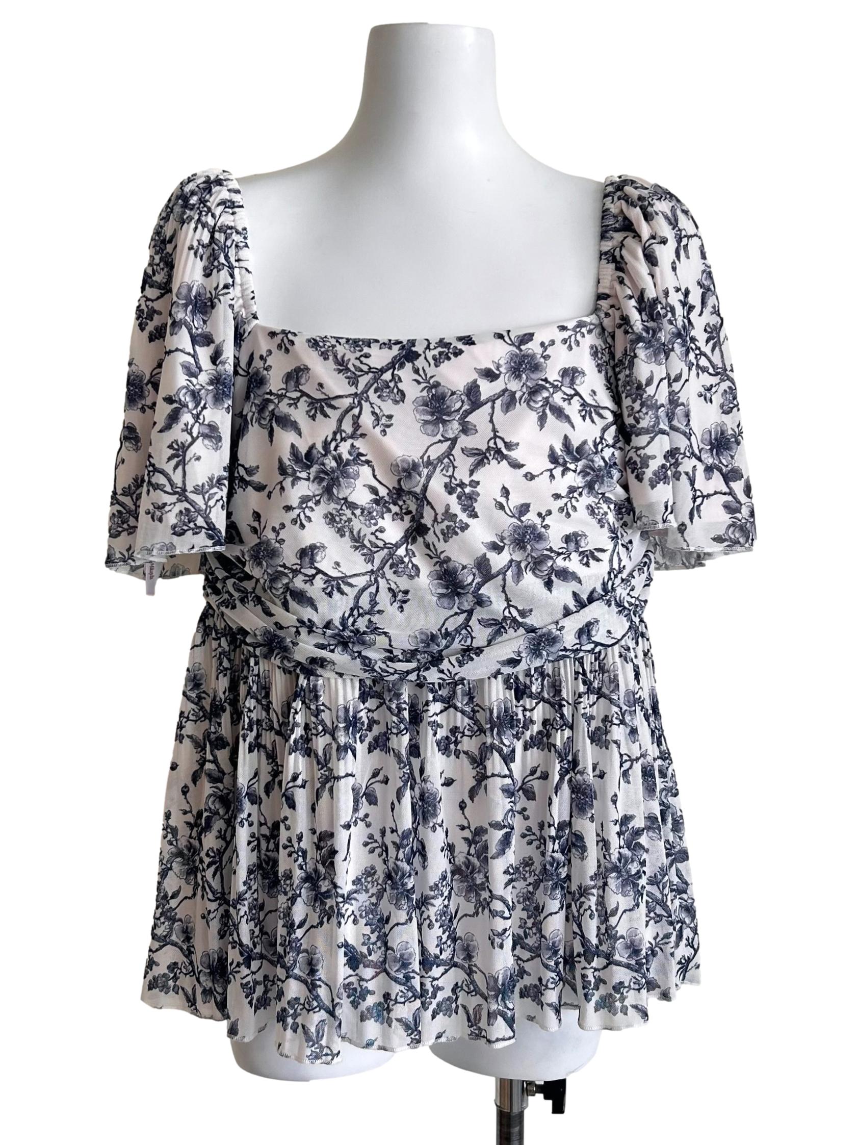 White Blue Floral Prints Mesh Blouse