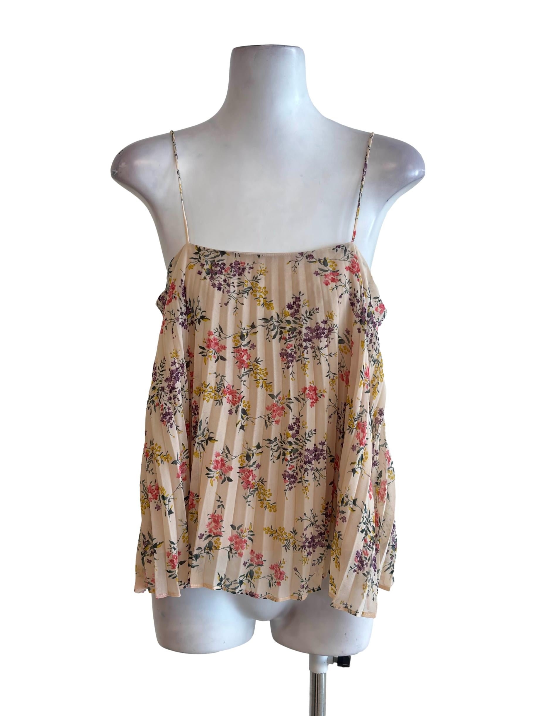 Fawn Nude Floral Pleated Spaghetti Top