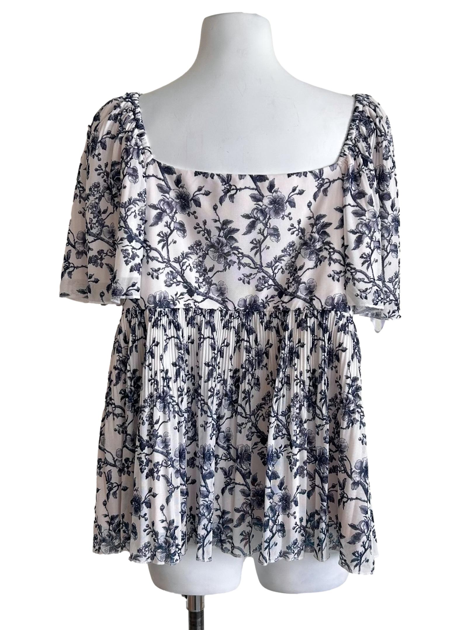 White Blue Floral Prints Mesh Blouse