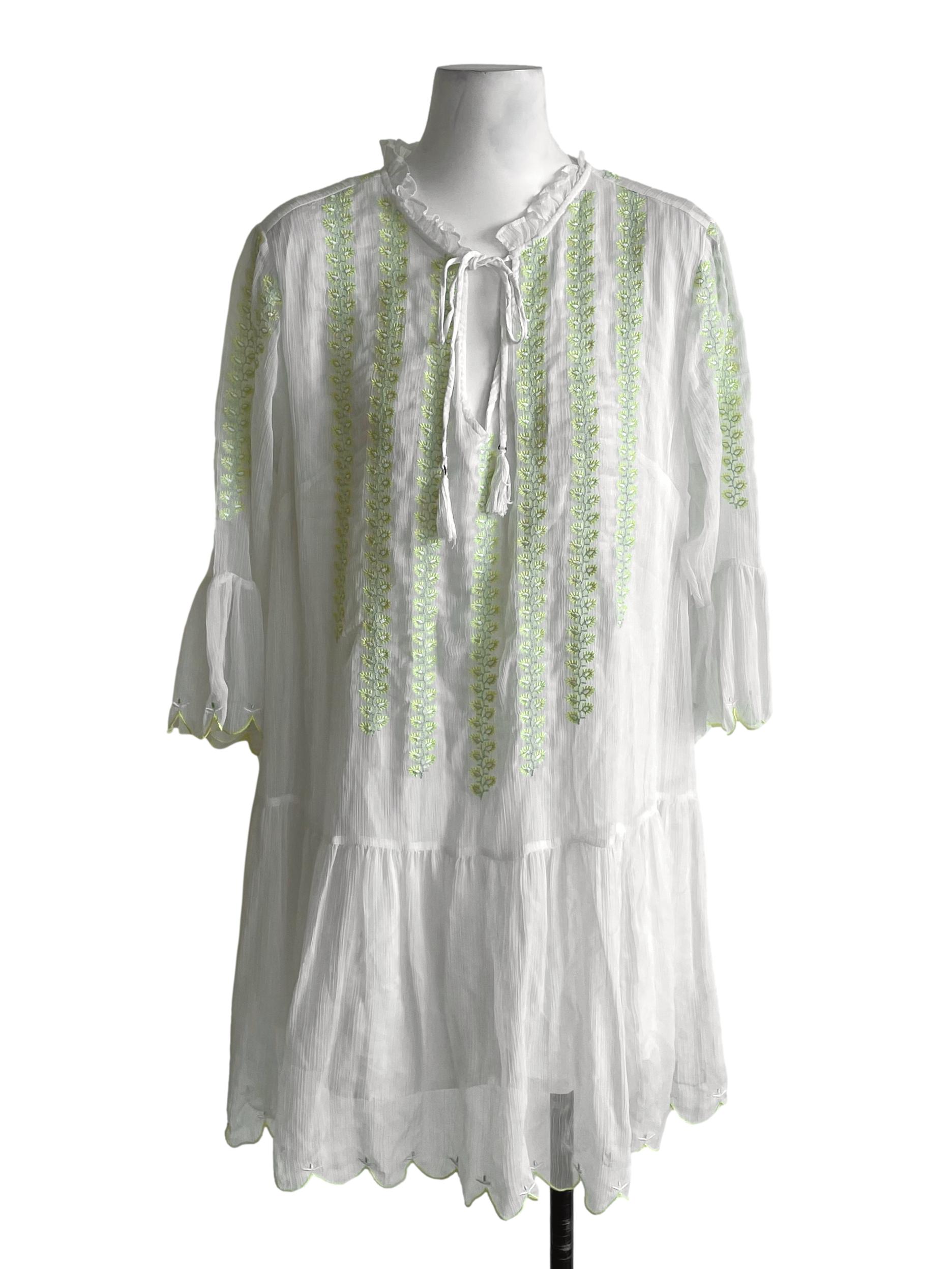 White Floral Chiffon Peasant Wide Dress