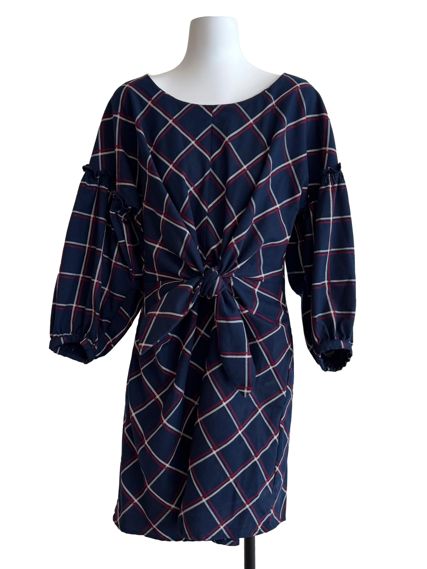 Midnight Blue Checkered Front Tie Dress