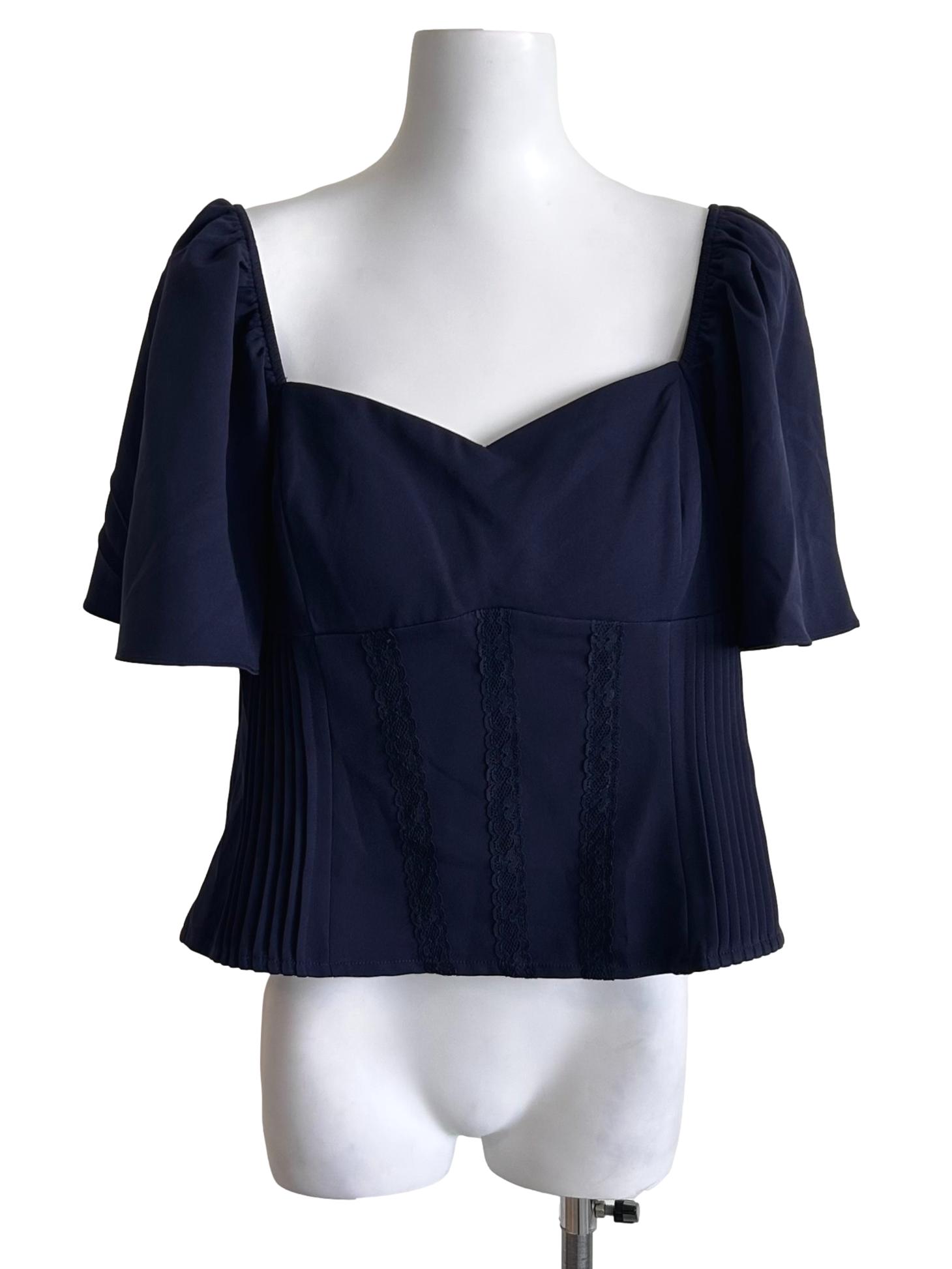 Navy Flutter Sleeves Sweetheart Neckline Top