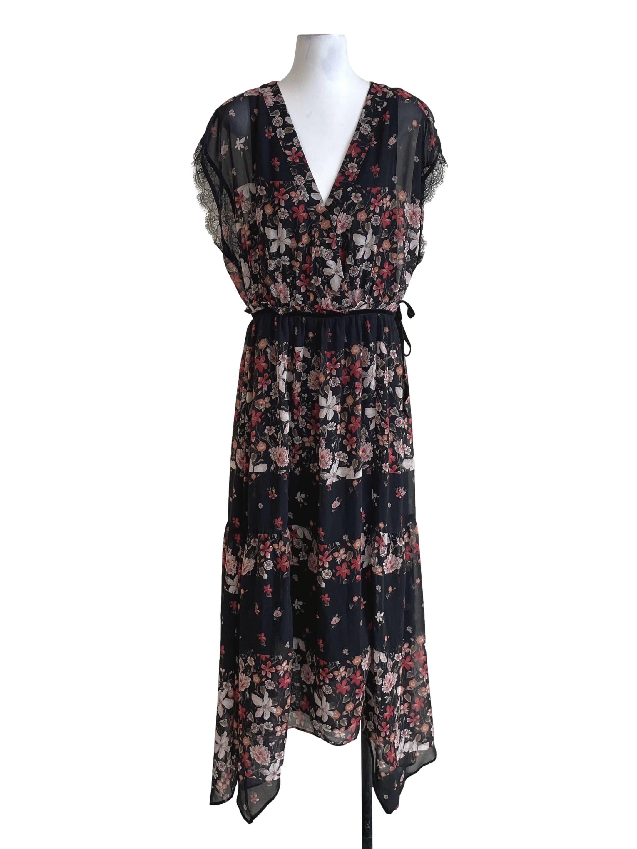Black Floral Eyelash Lace Chiffon Dress